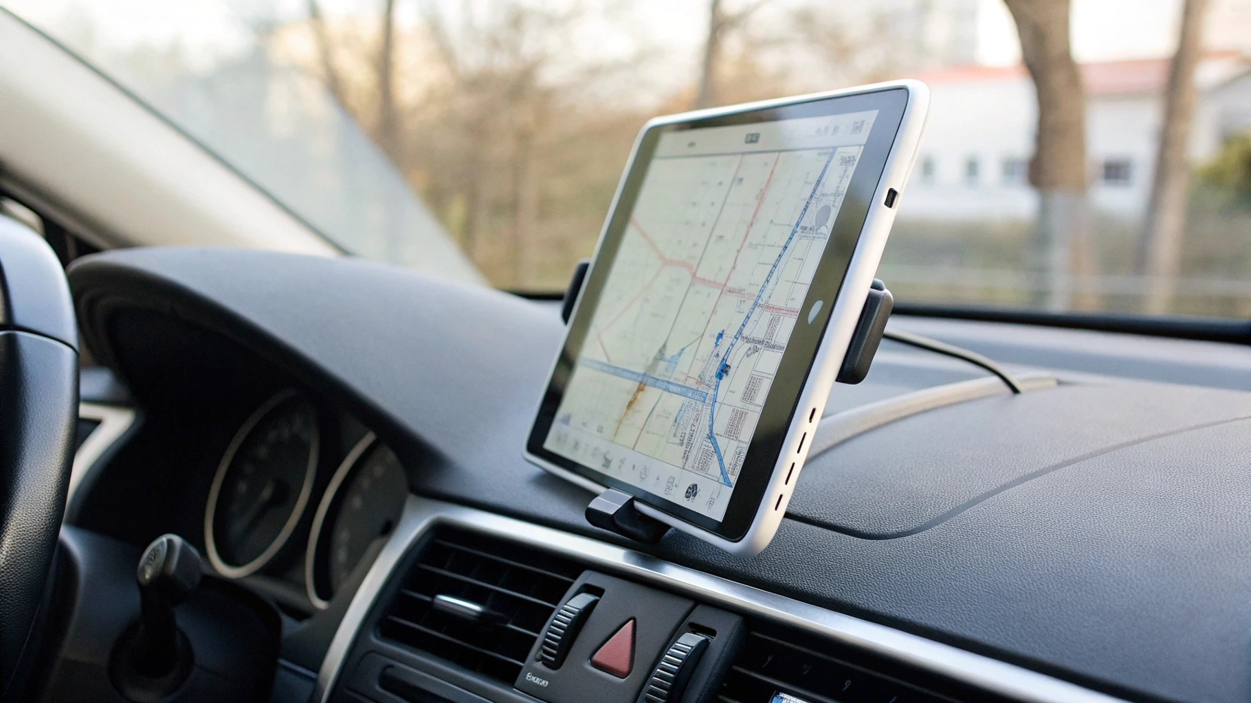 Планшет с навигацией, закреплённый на панели автомобиля