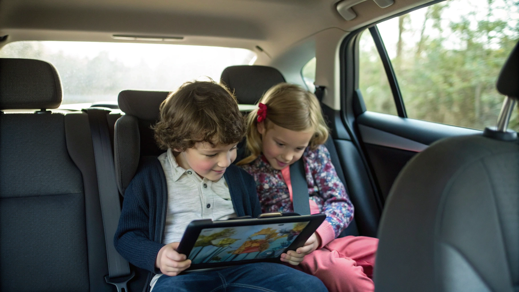 Дети на заднем сиденье смотрят мультфильмы на планшете в креплении на подголовнике