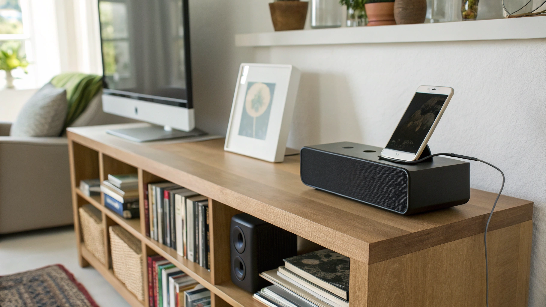 Смартфон на полке в гостиной, подключённый к Bluetooth‑колонке как домашний аудиоцентр