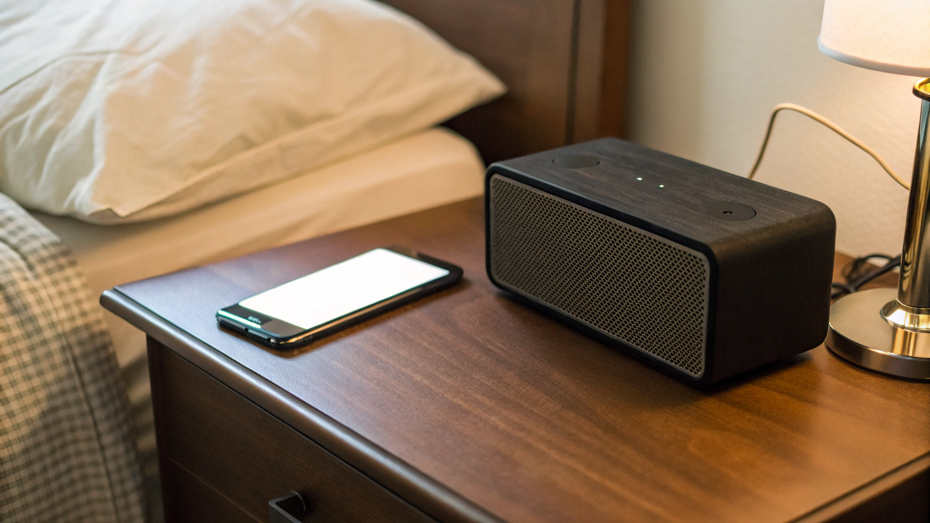 Смартфон на тумбочке у кровати, работающий как радиобудильник с колонкой