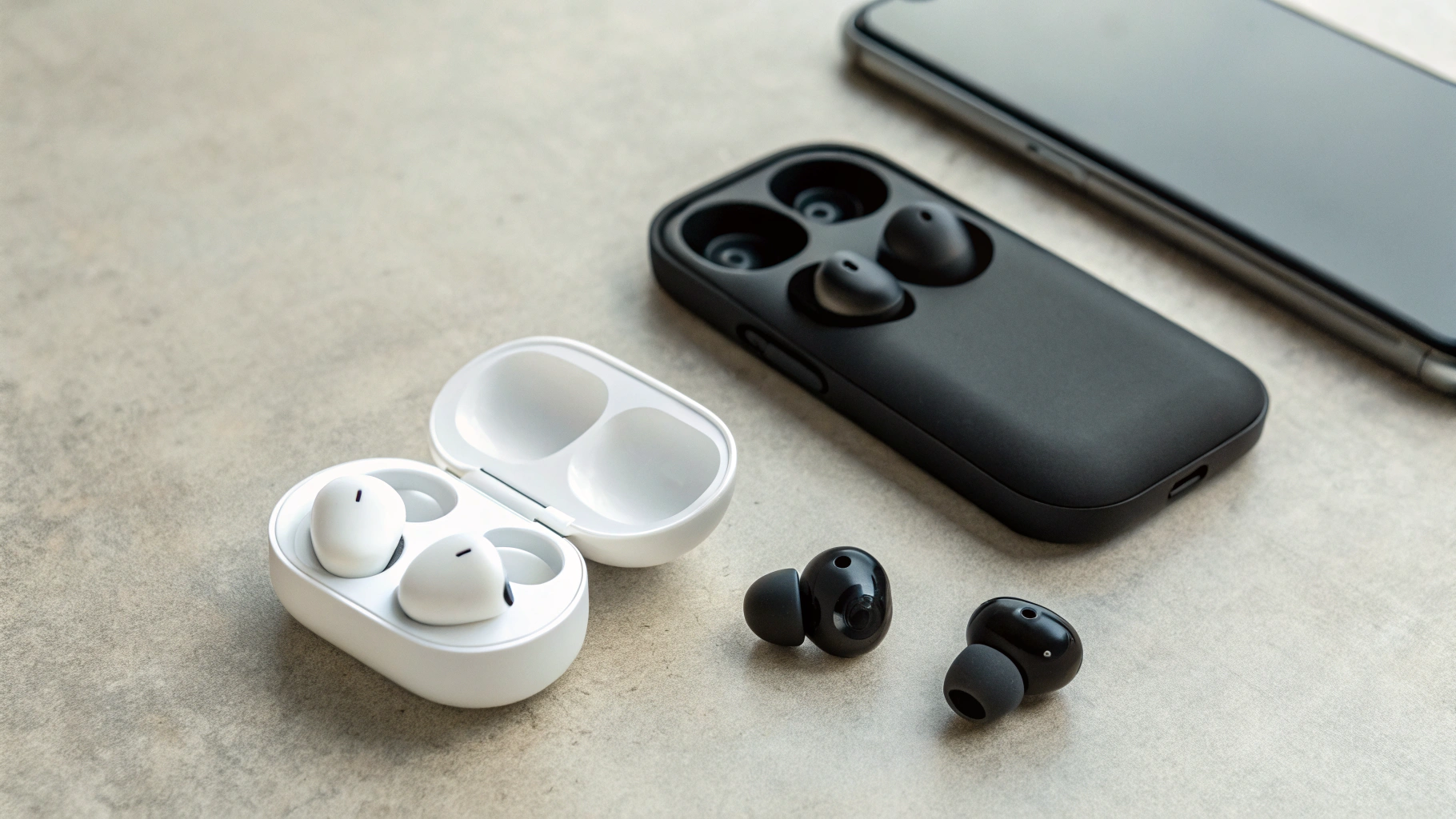Компактные TWS-наушники с амбушюрами XS и S разных размеров рядом со смартфоном