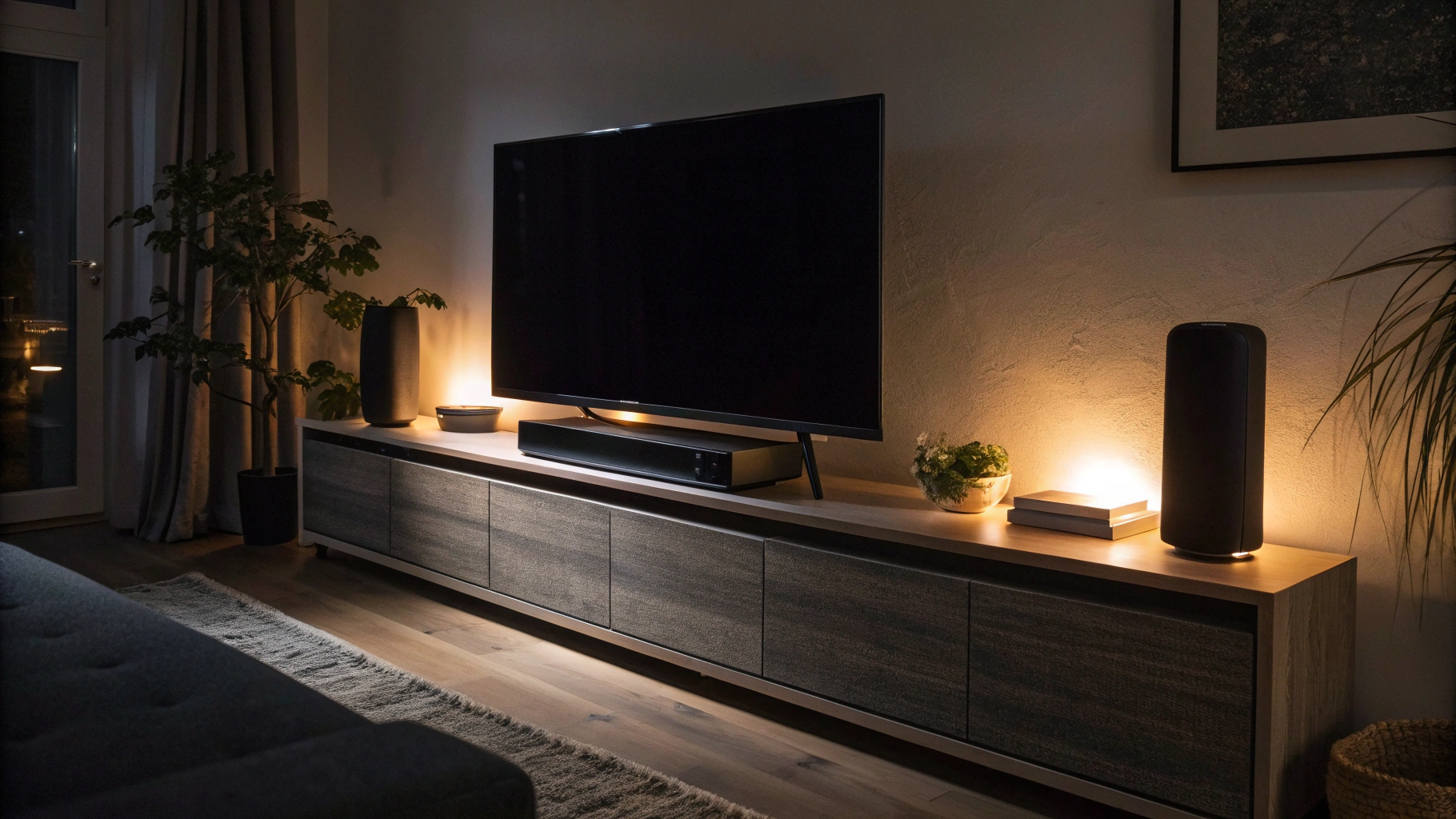 Современная гостиная с телевизором, саундбаром и умной колонкой в ночном режиме