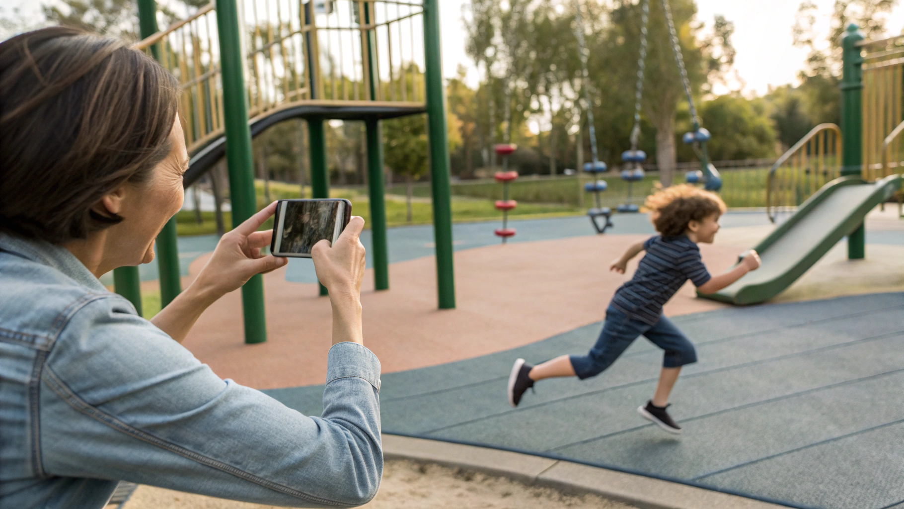 Родитель снимает бегущего ребенка на детской площадке на смартфон