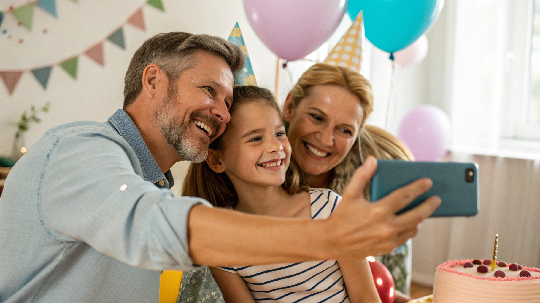 Семья делает селфи на смартфон на домашнем празднике