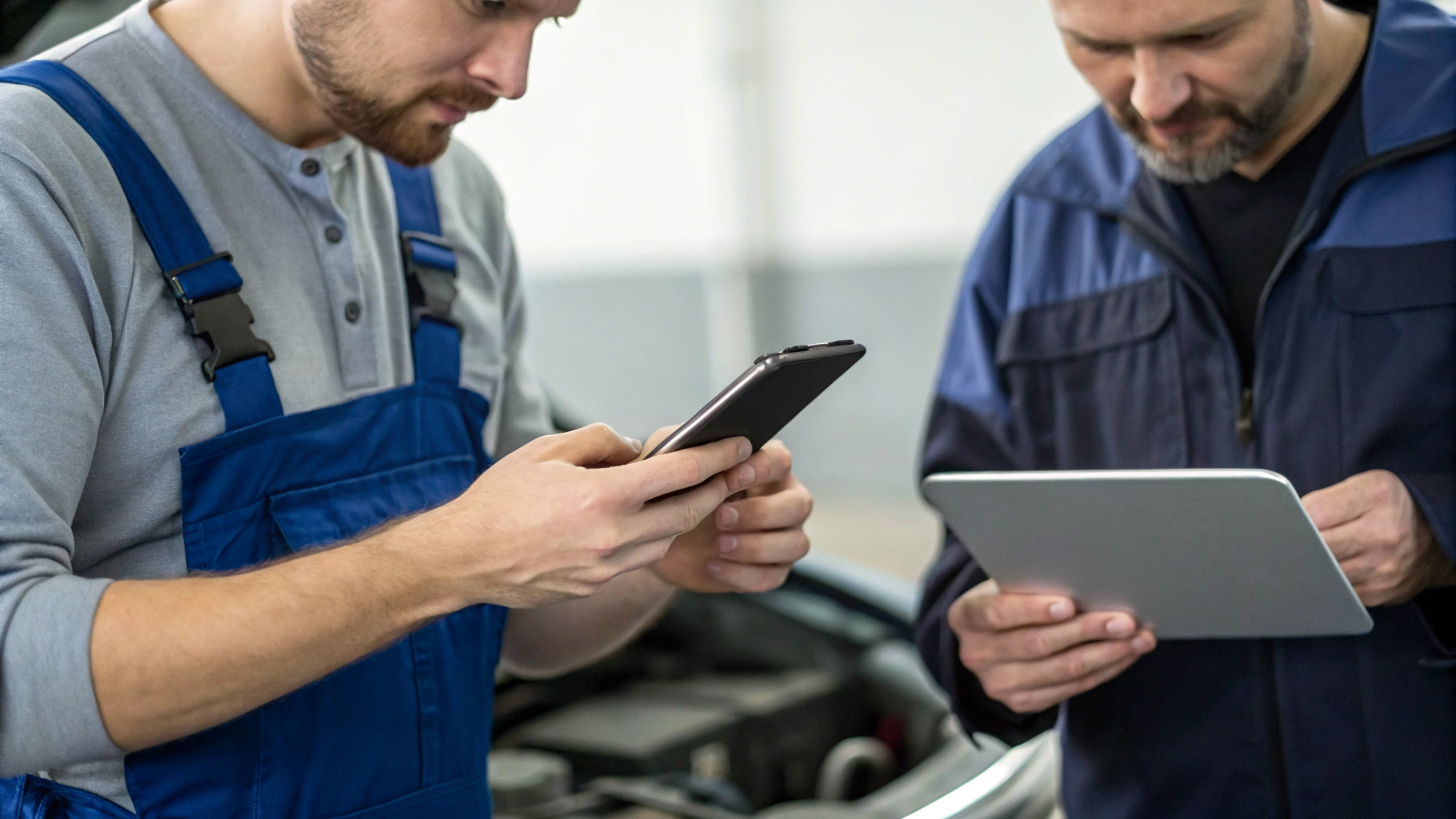 Клиент и мастер в сервисе осматривают смартфон и планшет перед приёмом в ремонт