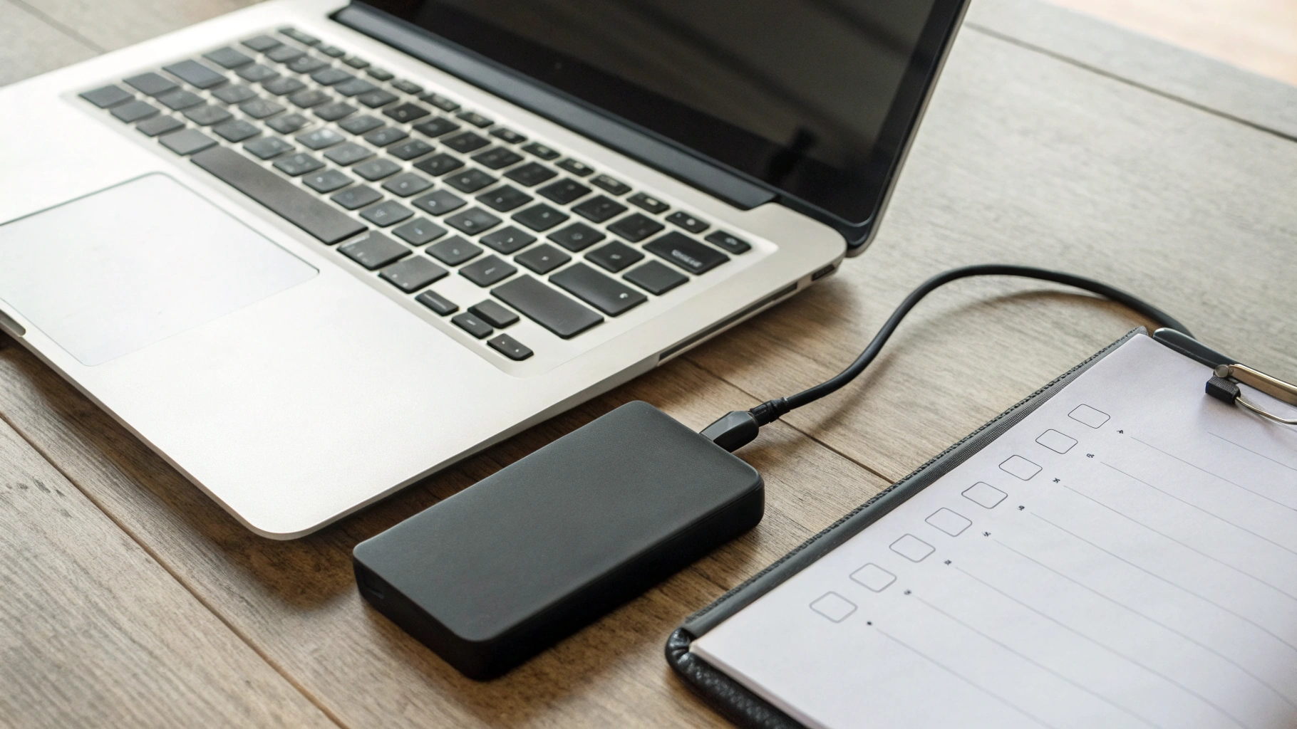Ноутбук и планшет на столе с внешним диском и чек-листом для резервного копирования перед ремонтом