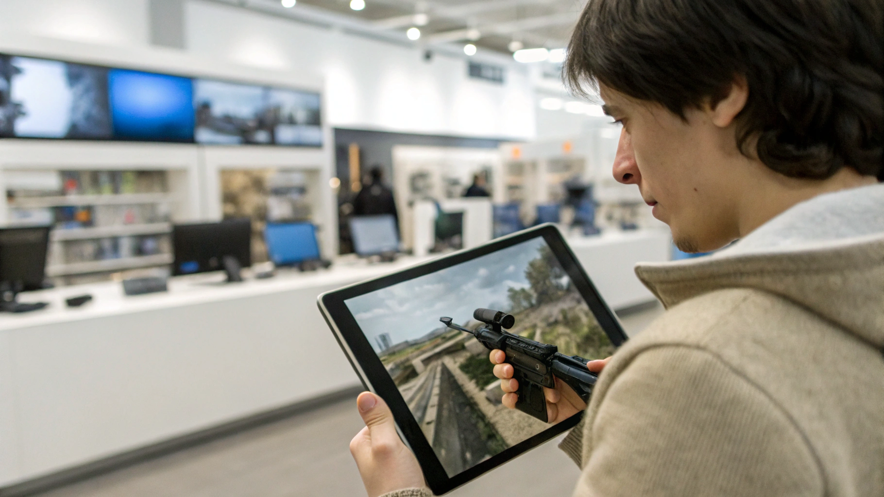 Покупатель тестирует шутер на планшете в демо-зоне магазина электроники