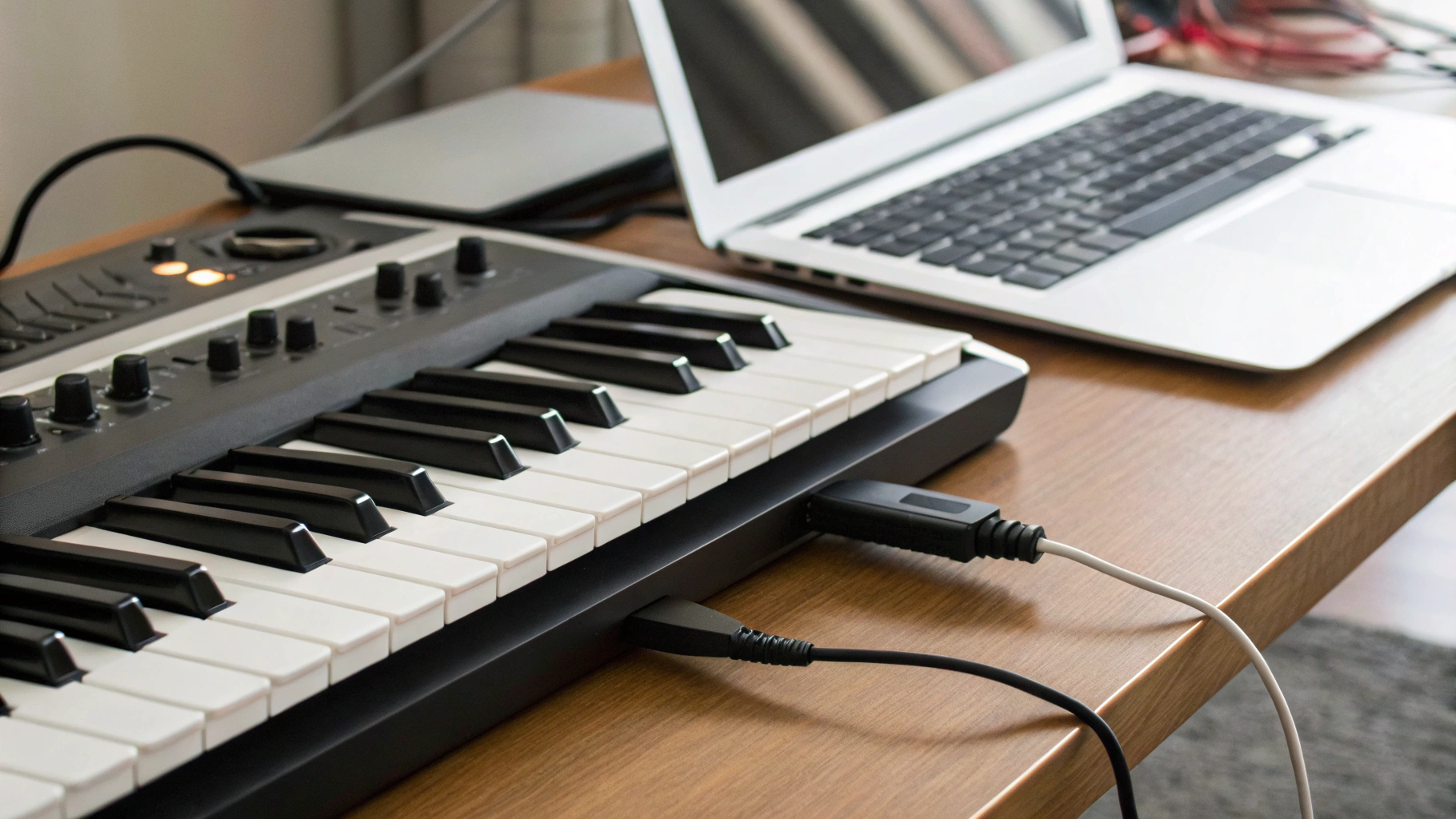 Цифровое пианино, подключённое кабелями к iPad и Mac на домашнем рабочем месте