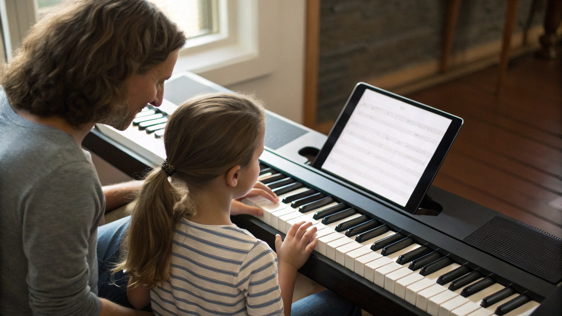 Родитель и ребёнок смотрят ноты и метроном на iPad рядом с цифровым пианино
