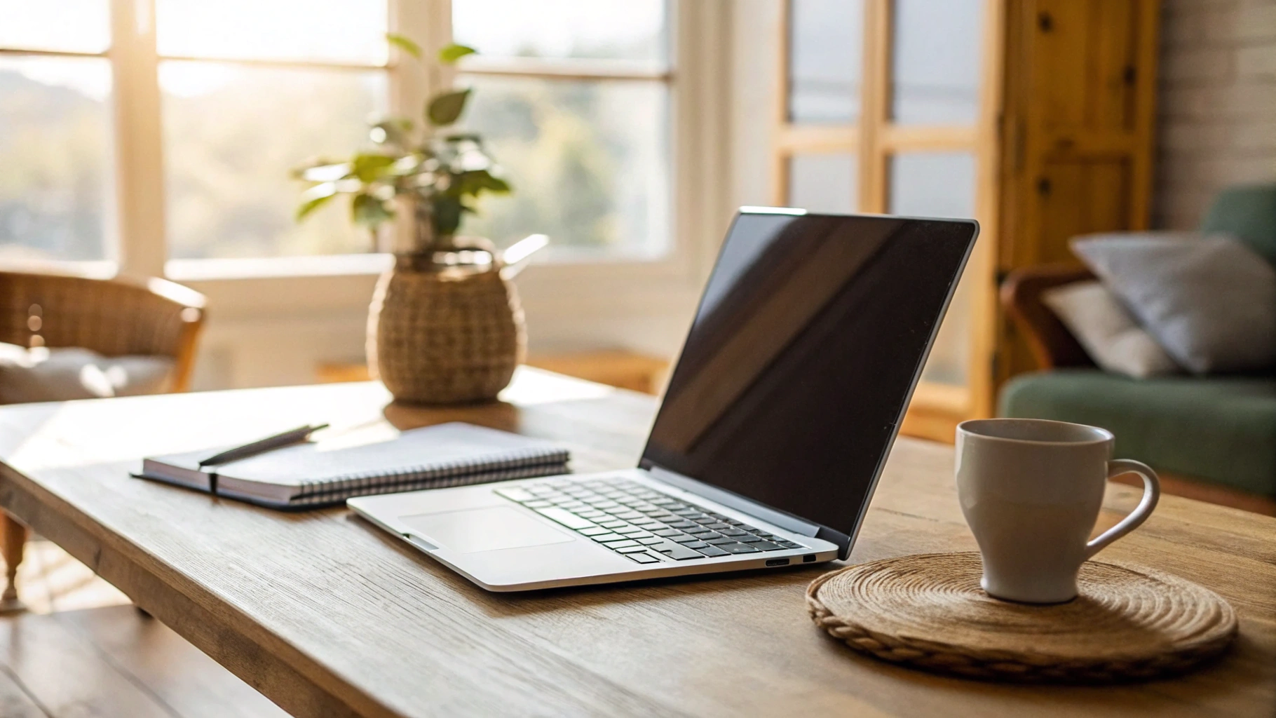 Современный тонкий ноутбук на столе в домашней обстановке, готовый к работе и учебе