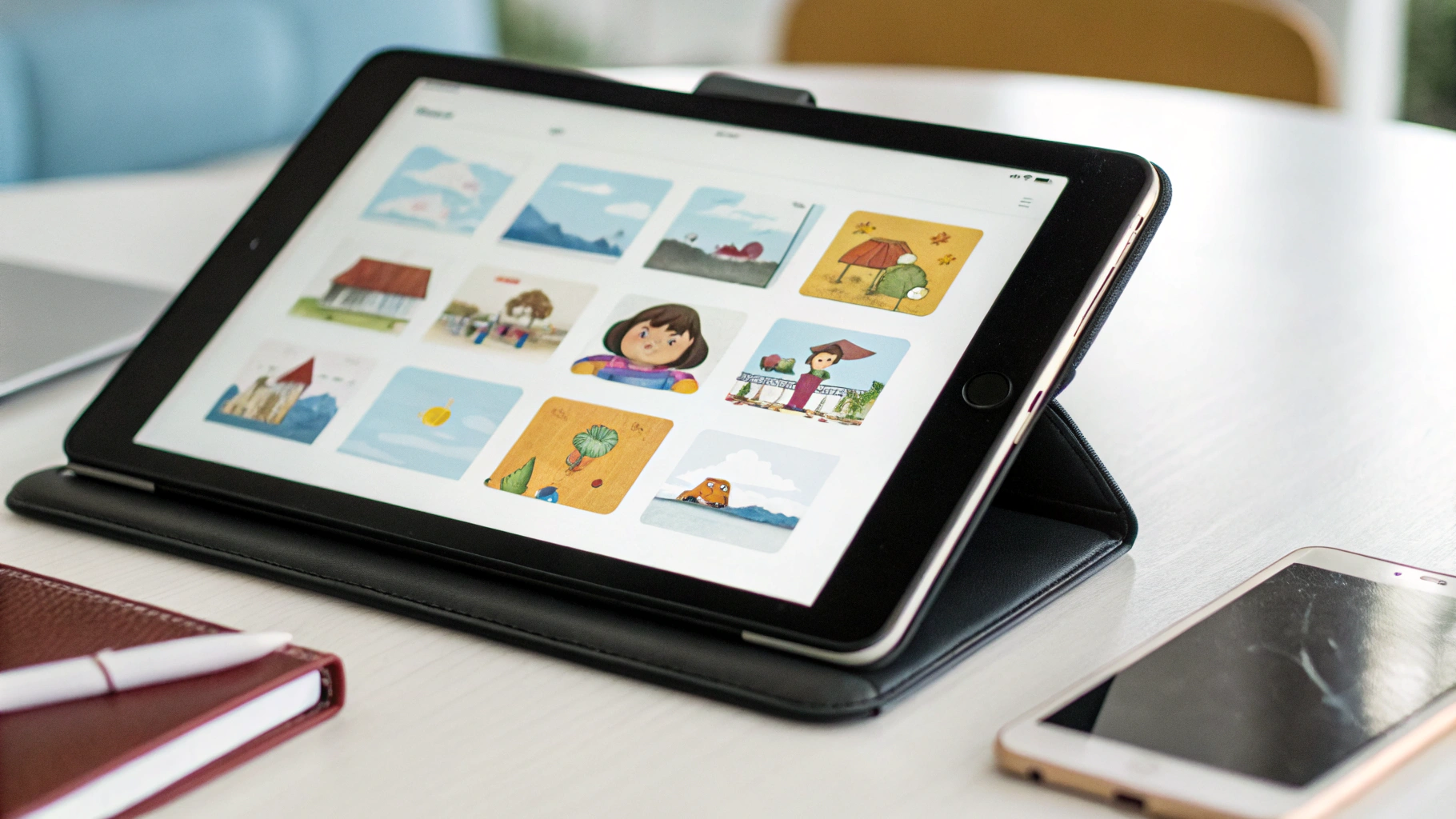 Планшет и смартфон на столе с папками детских мультфильмов и аудиосказок на экране