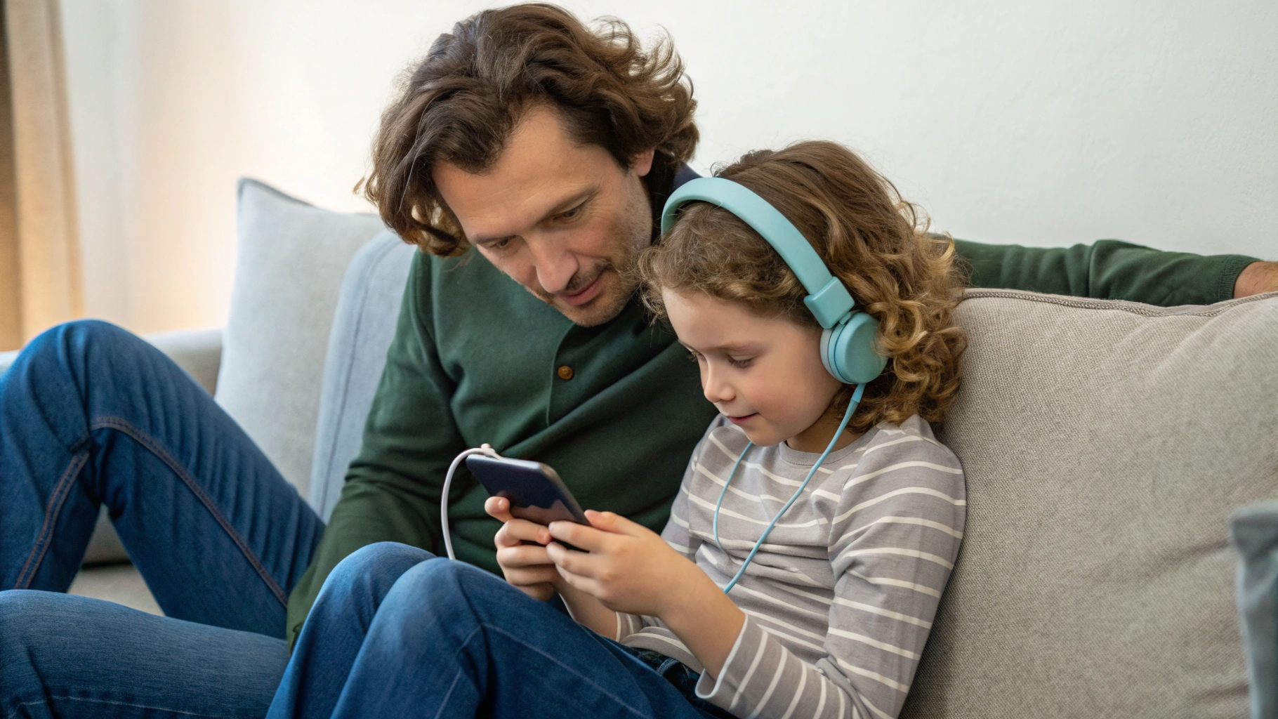 Родитель настраивает родительский контроль на смартфоне, пока ребёнок слушает аудиосказку в наушниках