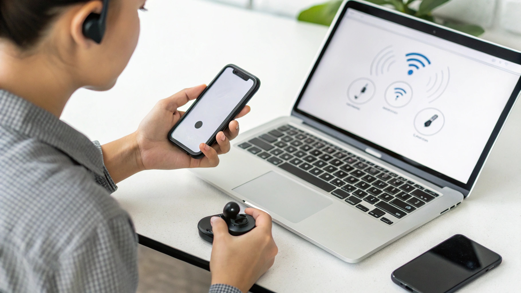 Пользователь с беспроводными наушниками, подключёнными по Bluetooth к смартфону и ноутбуку