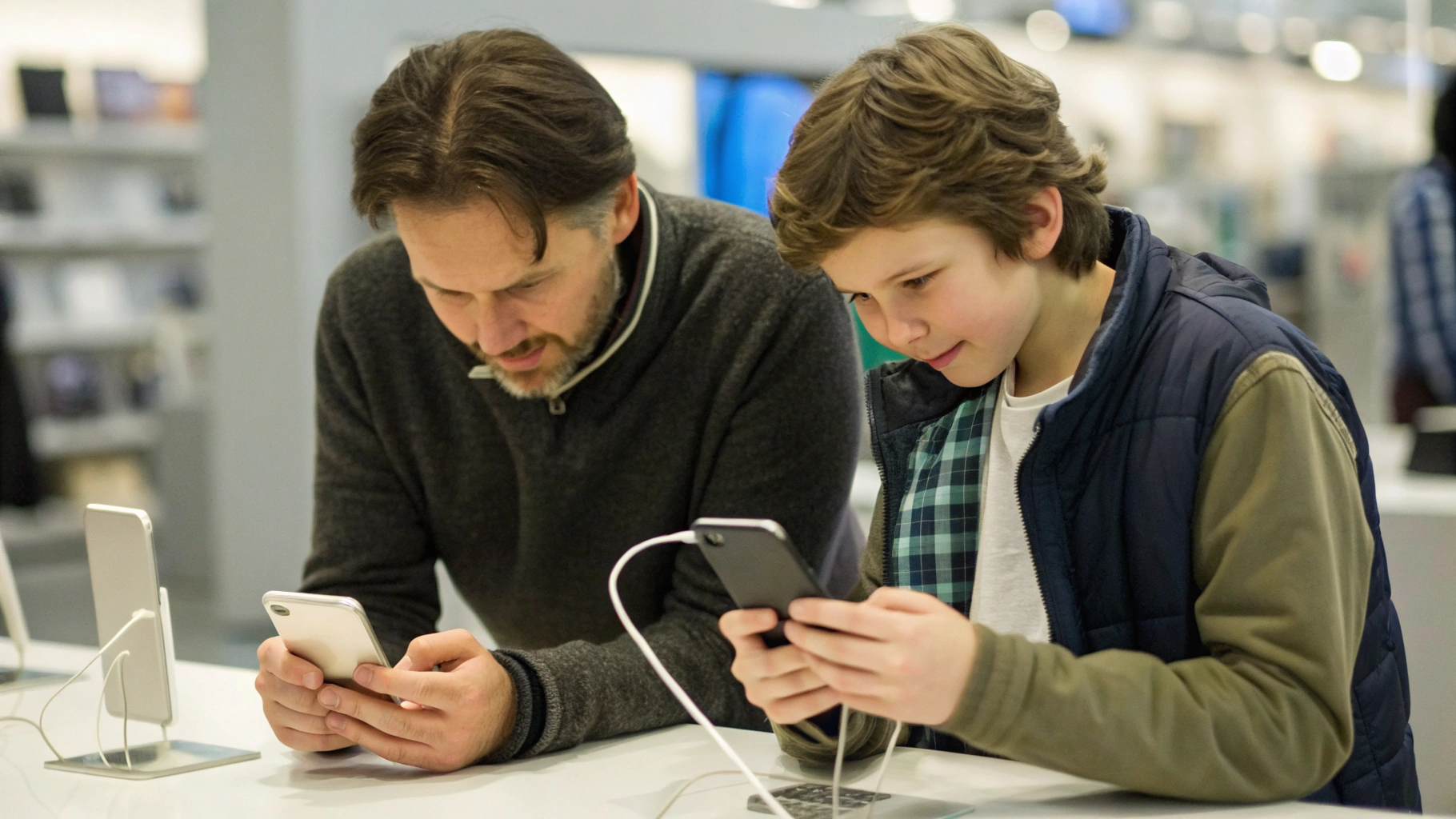 Родитель и школьник выбирают смартфон по характеристикам в магазине