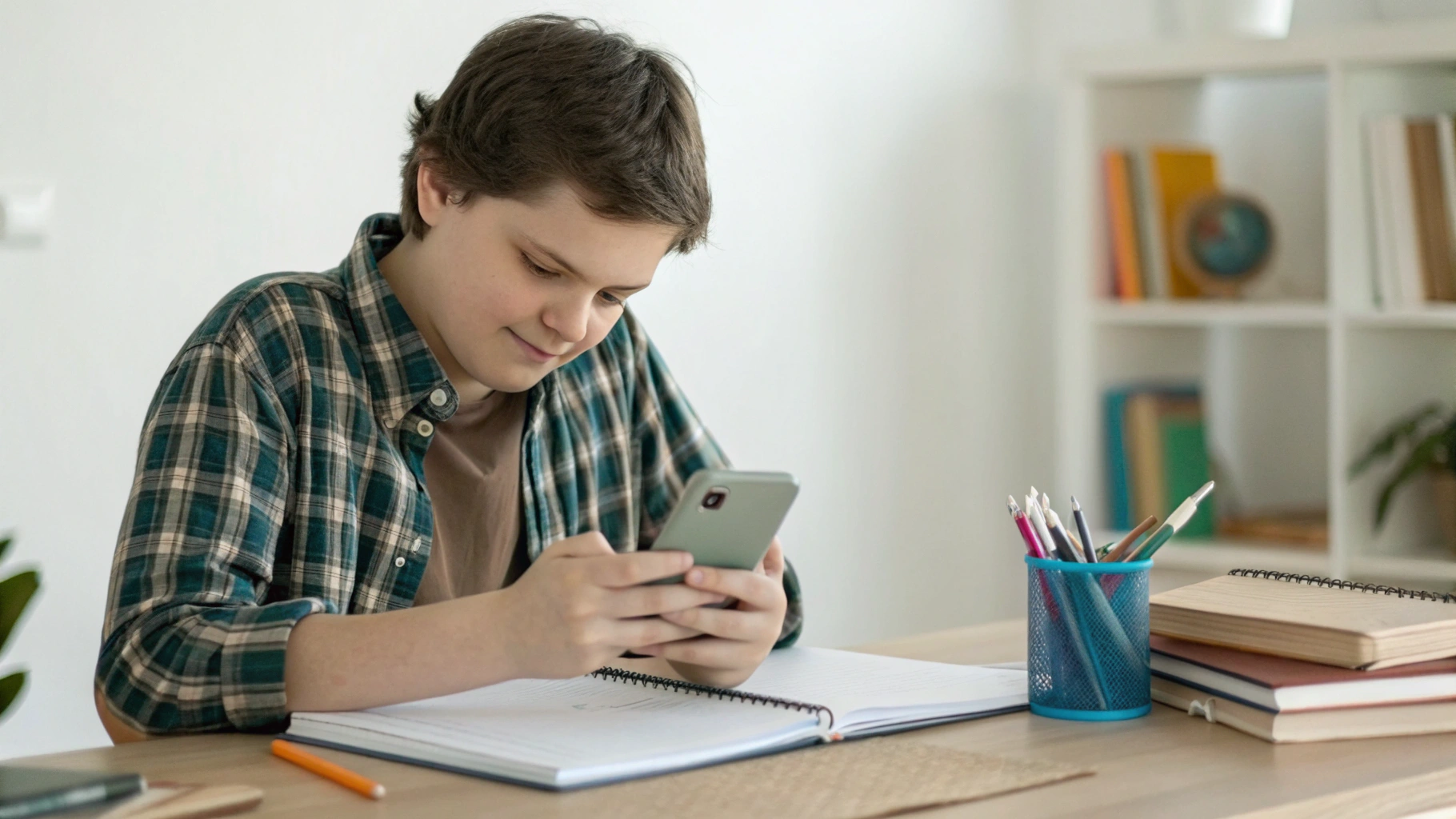 Школьник делает домашку, используя смартфон для фото тетради и чтения заданий