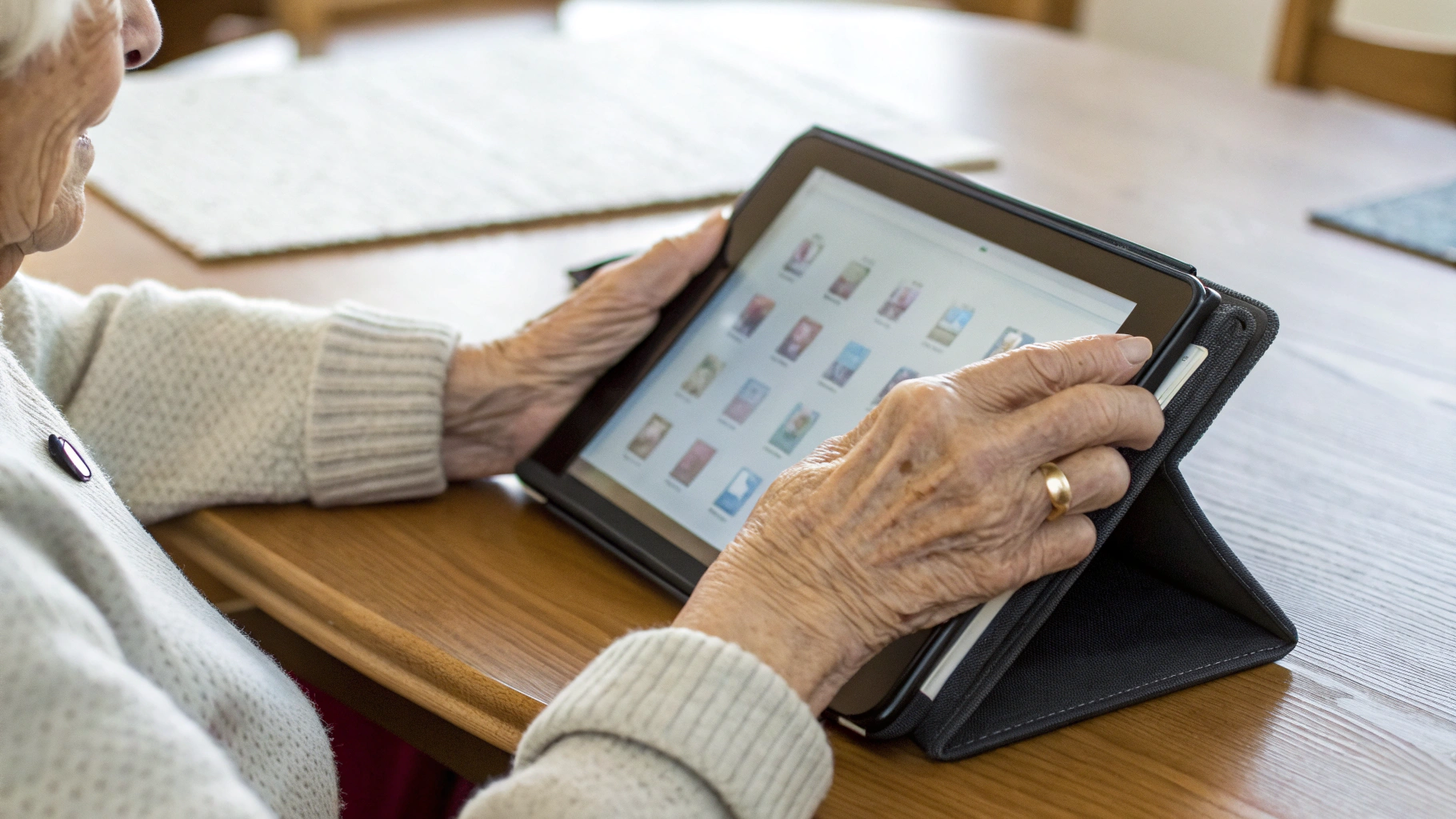 Пожилой человек держит планшет в чехле-подставке с крупными иконками на экране