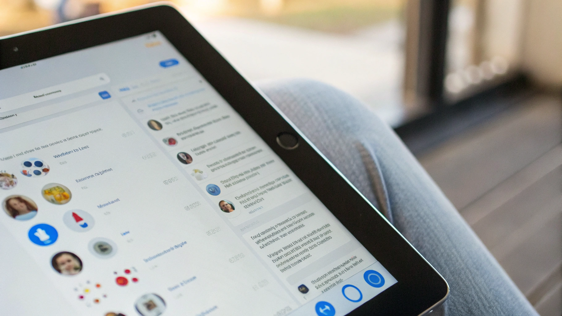 Крупный план планшета с увеличенными иконками и крупным шрифтом в мессенджере