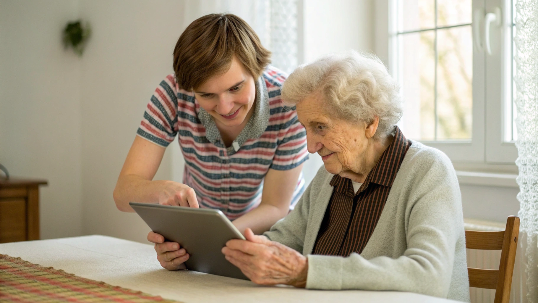 Взрослый ребёнок за столом настраивает функции доступности на планшете для пожилого родителя