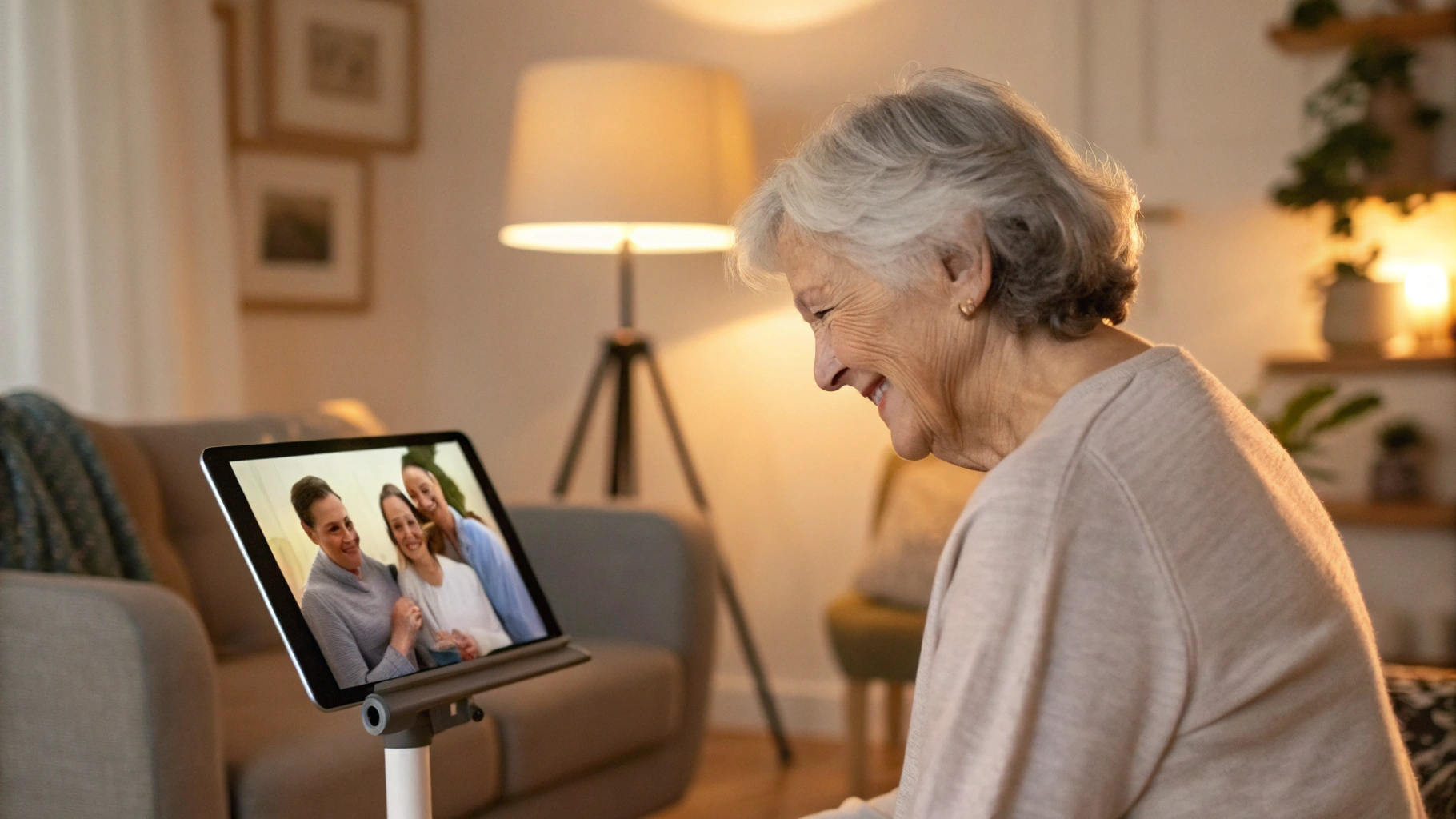 Пожилая женщина разговаривает по видеосвязи с семьёй на планшете, установленном на подставке