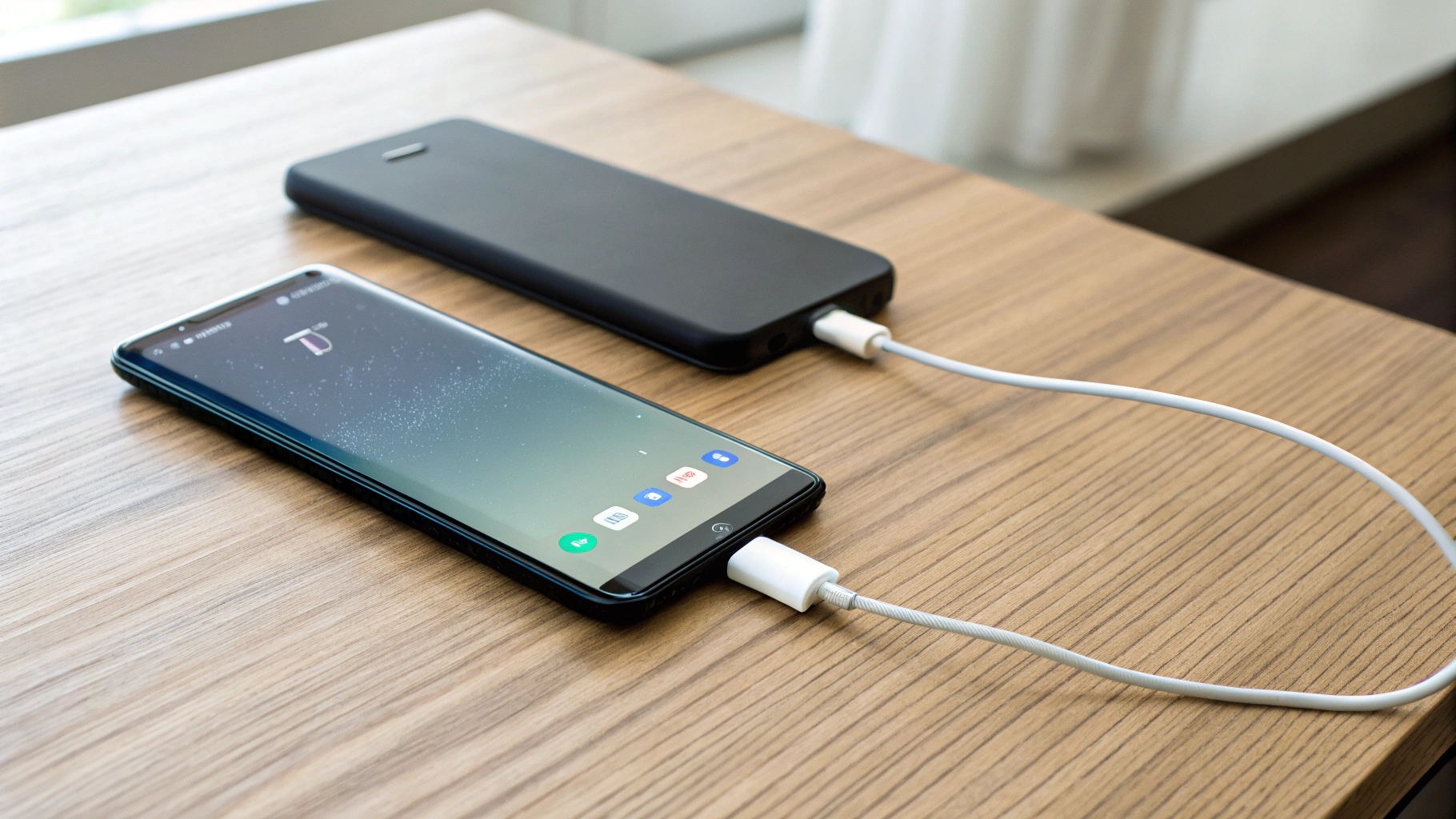 Samsung Galaxy A 2028 на столе во время зарядки с отображением уровня батареи