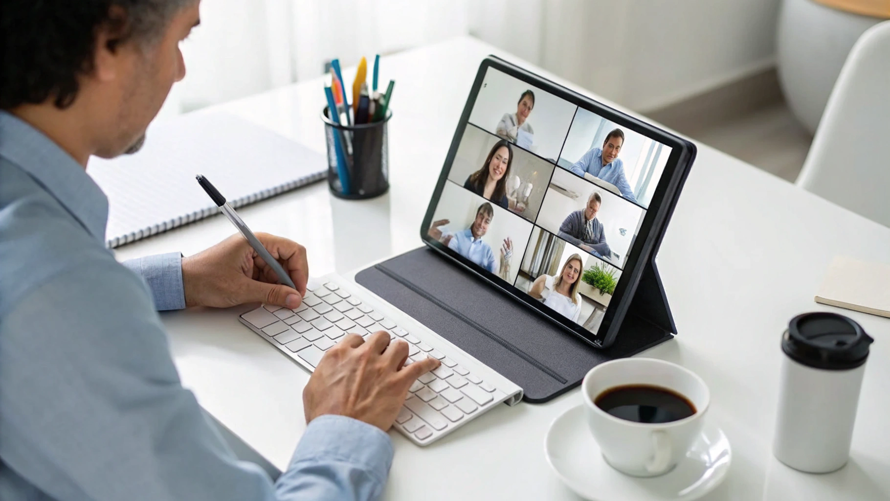 Офисный сотрудник работает за столом с планшетом на клавиатуре и стилусом в режиме ноутбука