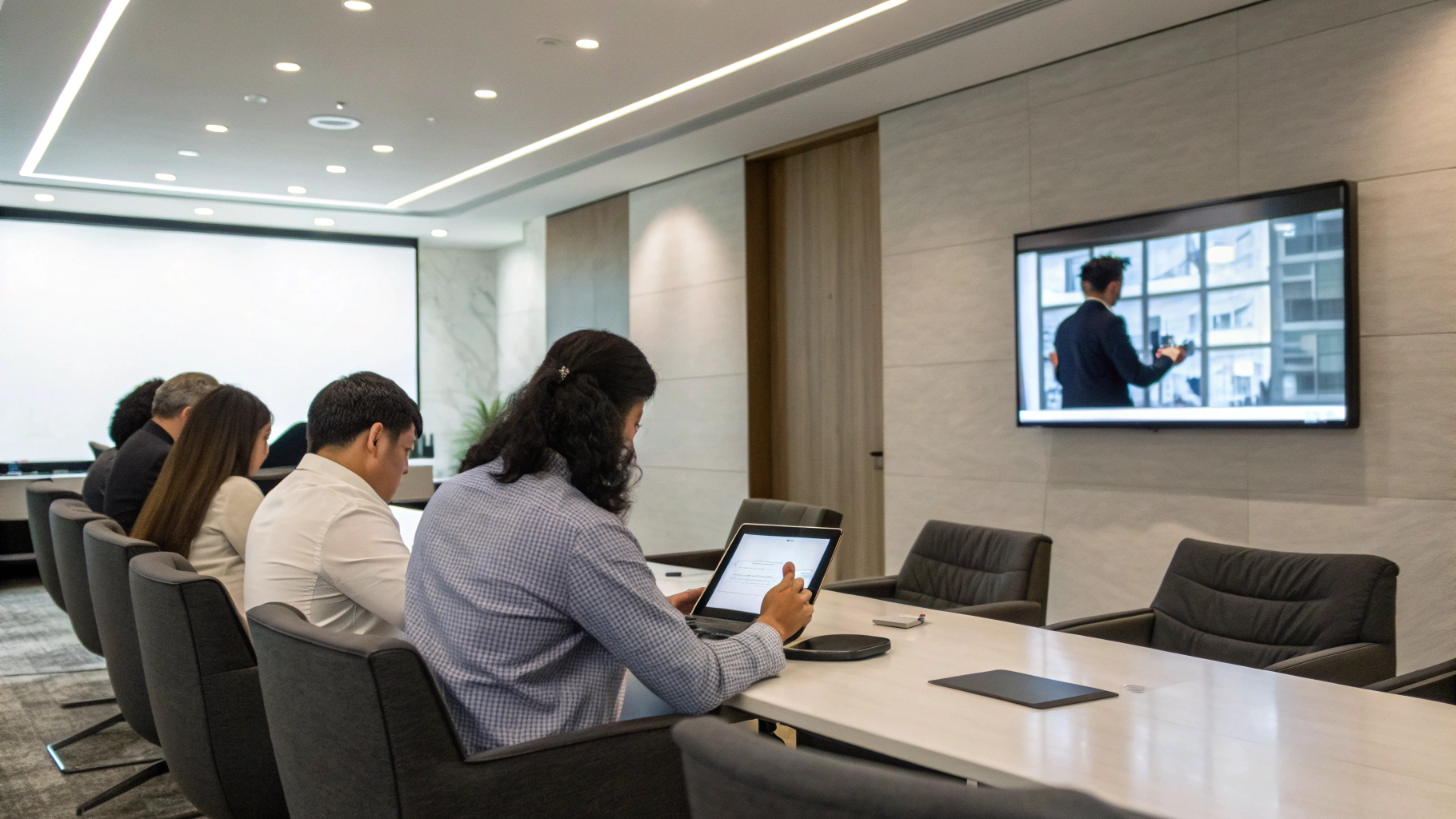 Переговорная комната, где участники делают заметки на планшетах и выводят презентацию на большой экран