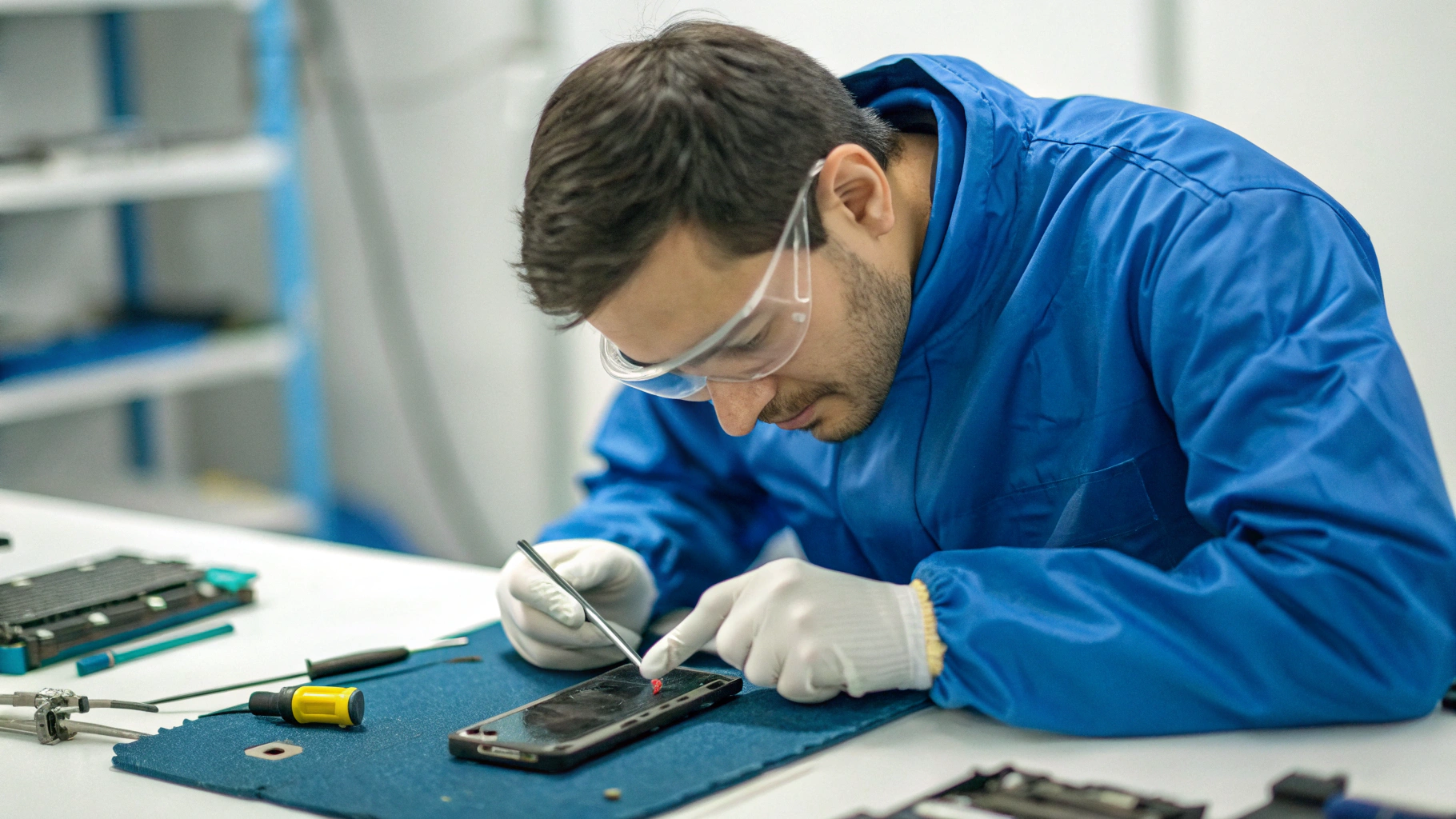 Мастер в сервисе меняет батарею современного смартфона