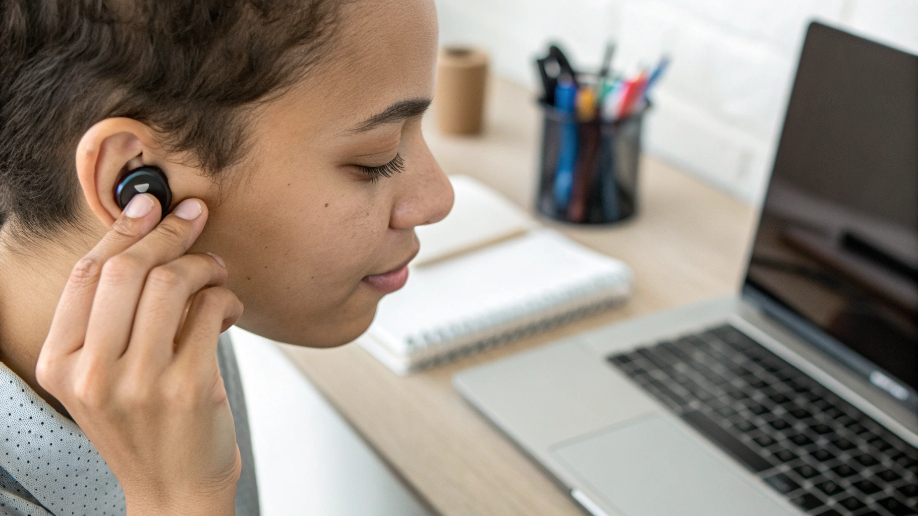 Пользователь в офисе аккуратно поправляет TWS‑наушник во время работы за ноутбуком