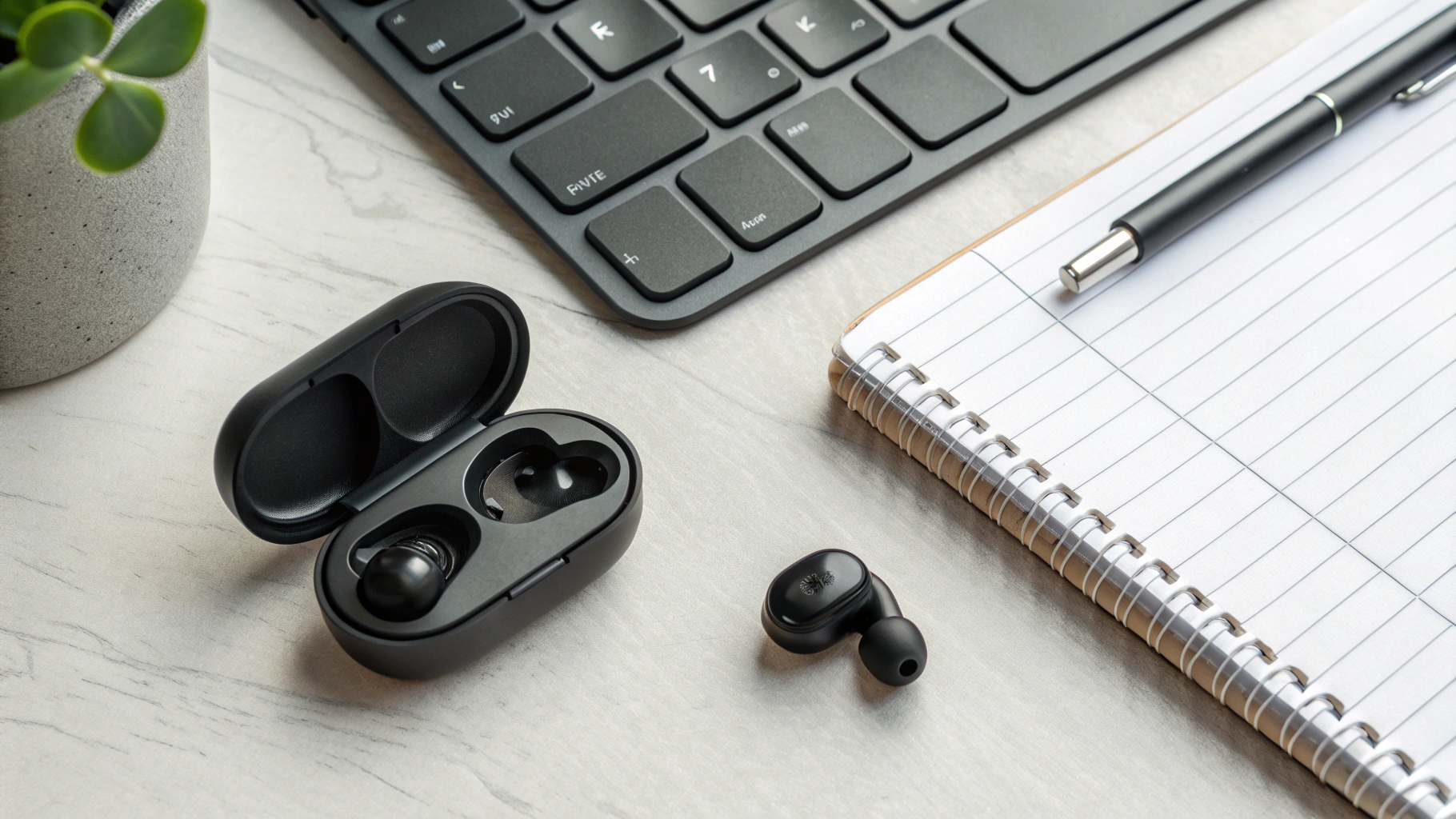 TWS‑наушники и кейс для зарядки лежат на рабочем столе в офисе рядом с клавиатурой