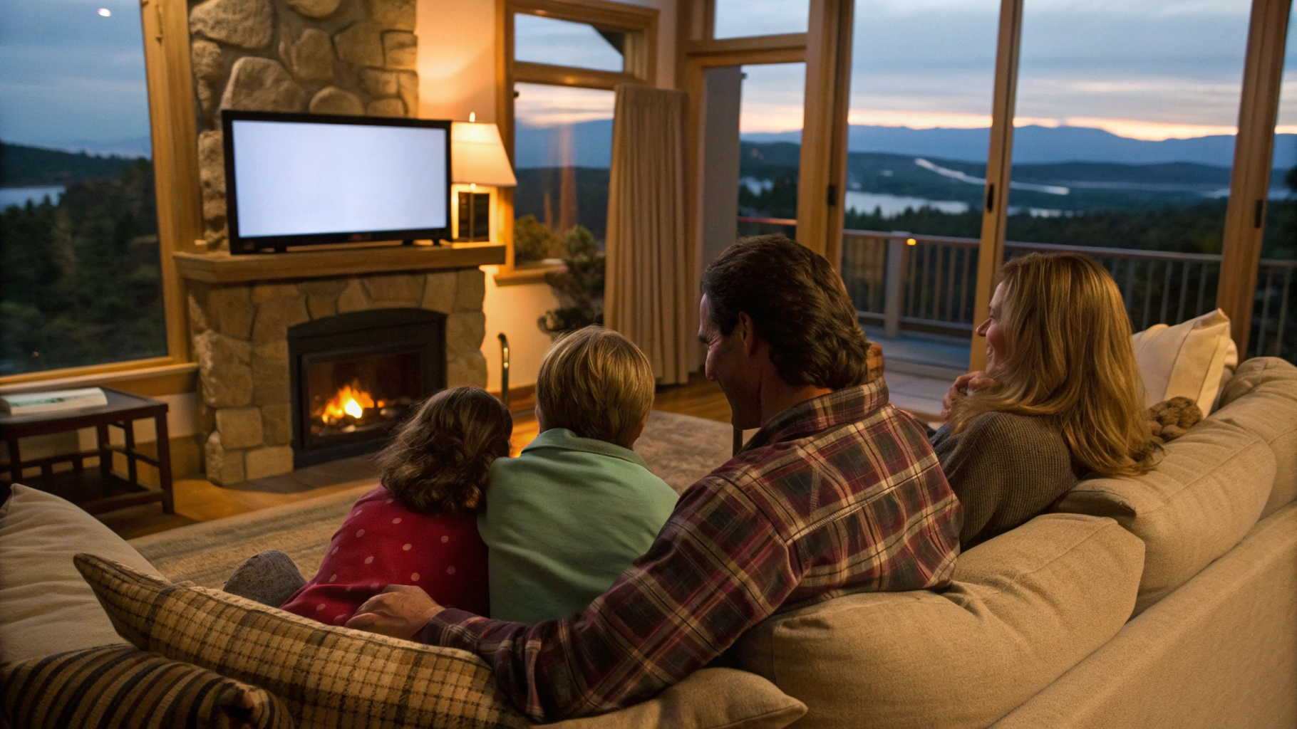 Семья на даче смотрит фильм, транслируемый со смартфона по беспроводному подключению на телевизор