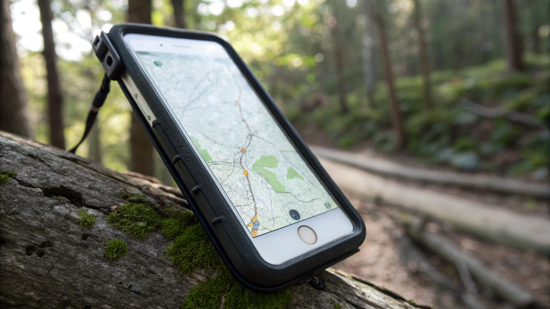 Смартфон в прочном чехле с открытой офлайн-картой на экране на природе