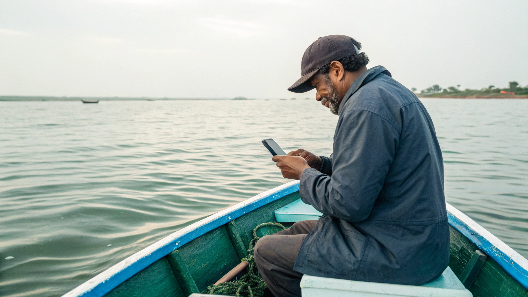 Рыбак в лодке использует смартфон с GPS-навигацией на воде