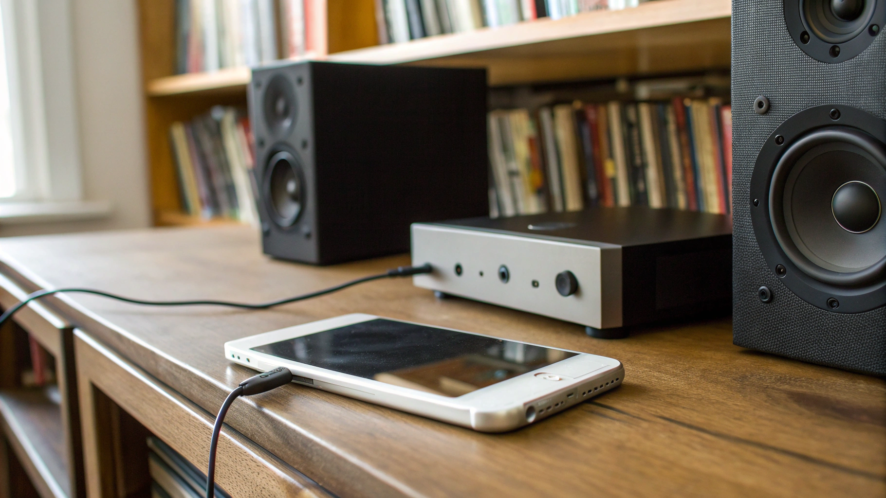 Смартфон, подключенный к стереоусилителю и полочным колонкам дома