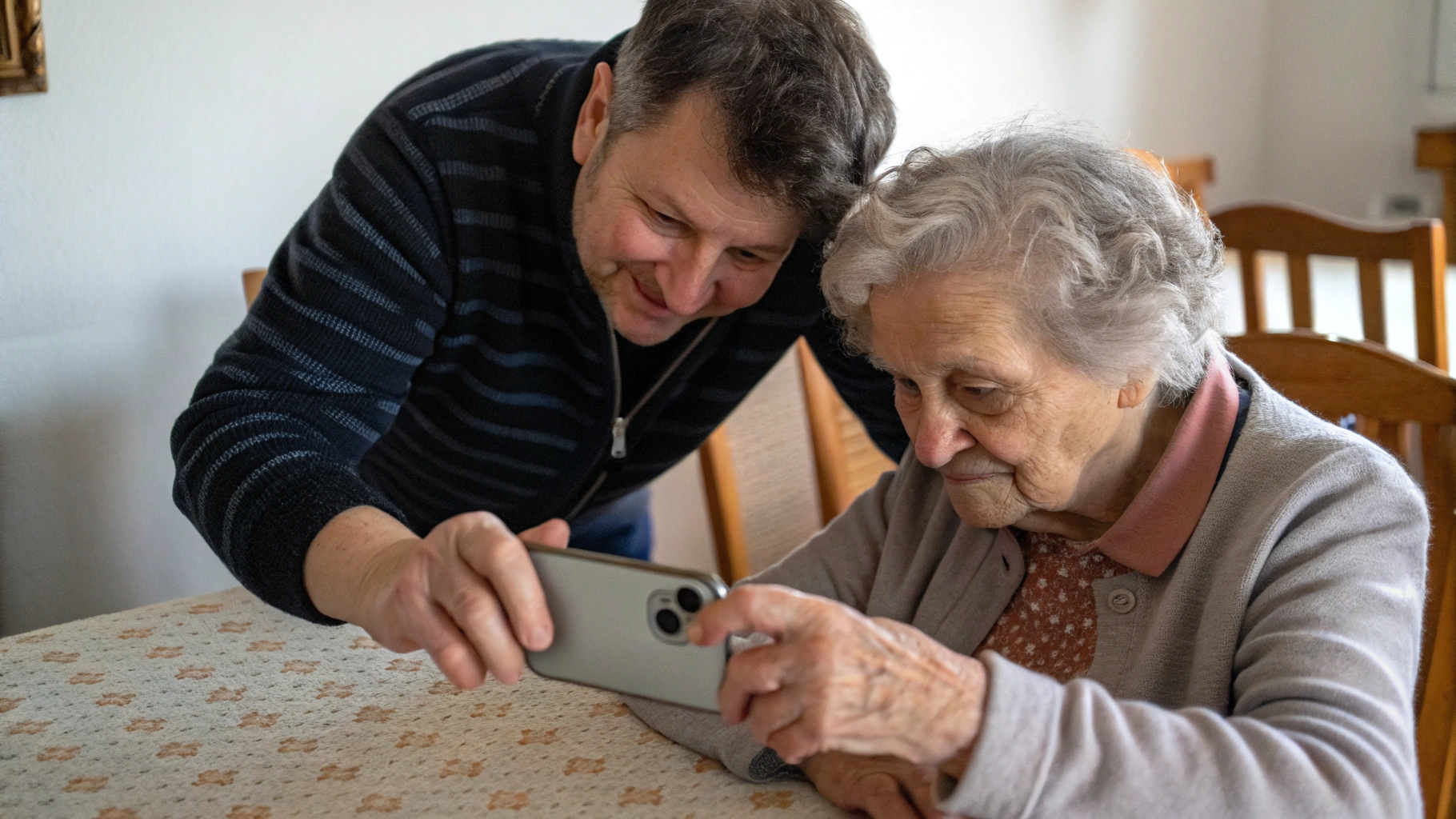 Взрослый ребёнок помогает родителю настроить камеру на смартфоне