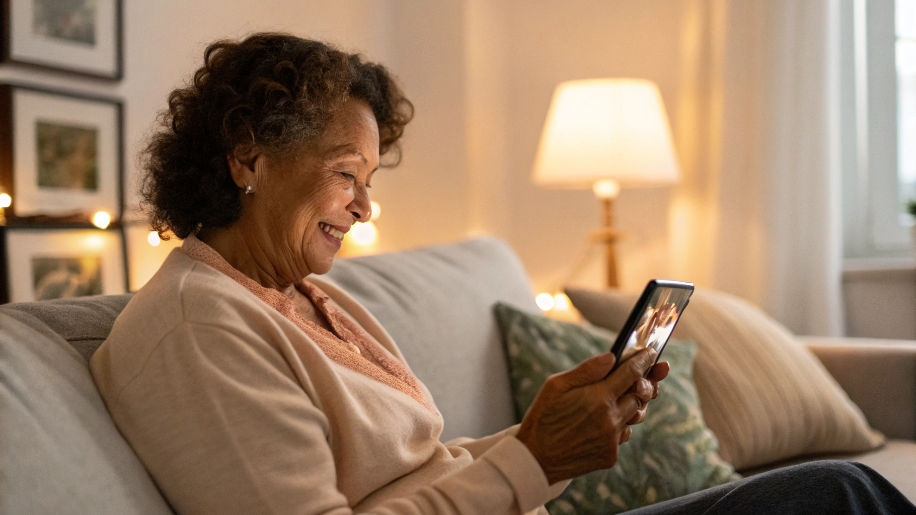 Пожилая женщина просматривает видео с внуками на экране смартфона