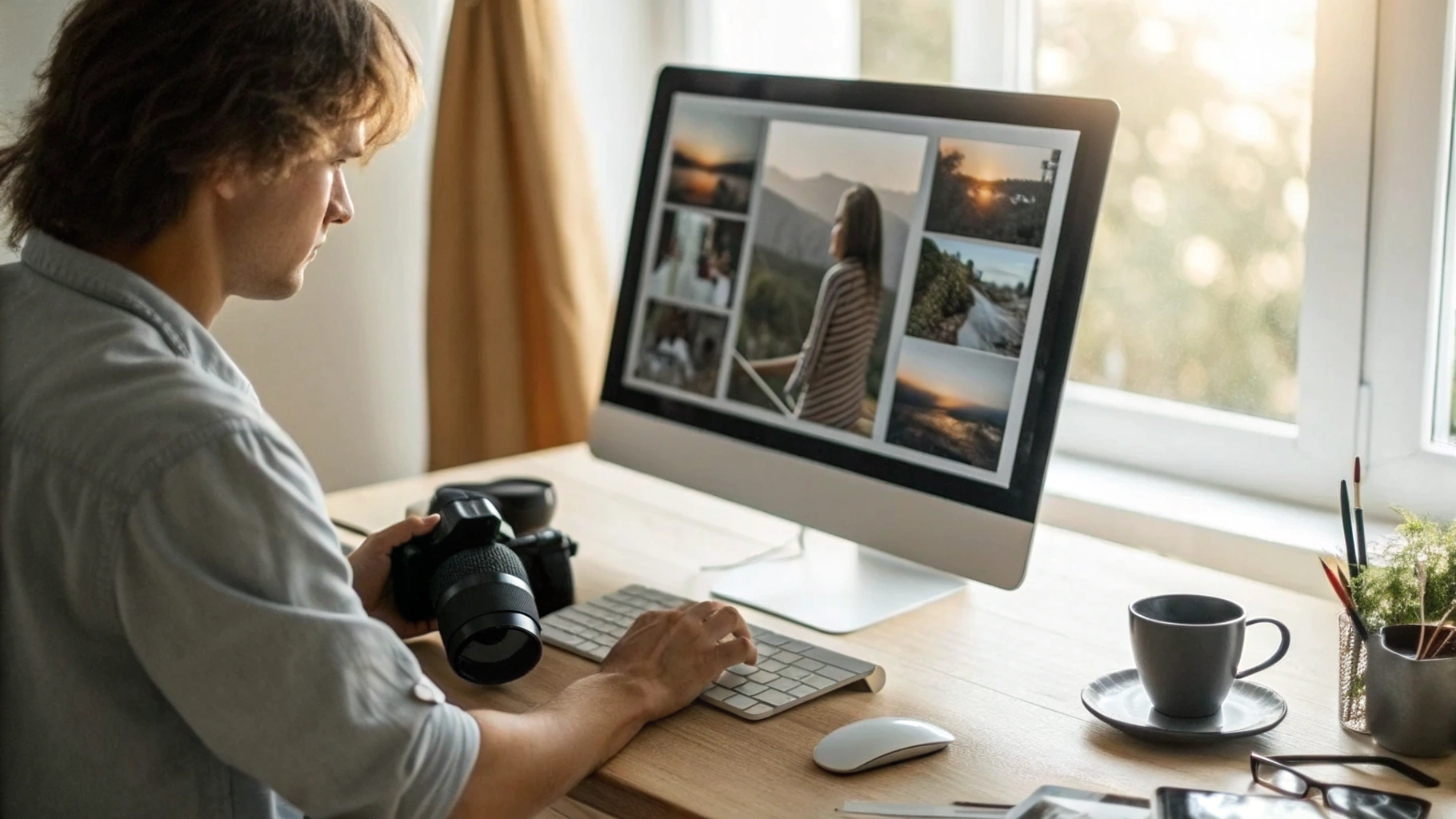 Фотограф‑любитель обрабатывает снимки в Lightroom на iMac дома