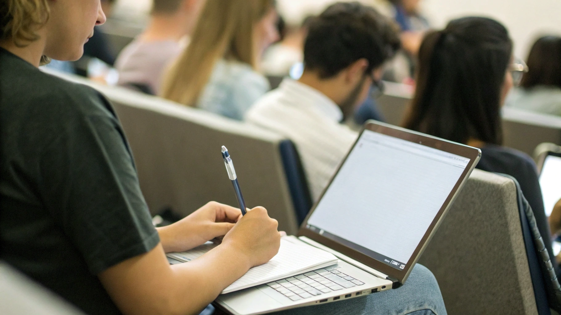 Студент делает конспект стилусом на экране ноутбука‑трансформера во время лекции