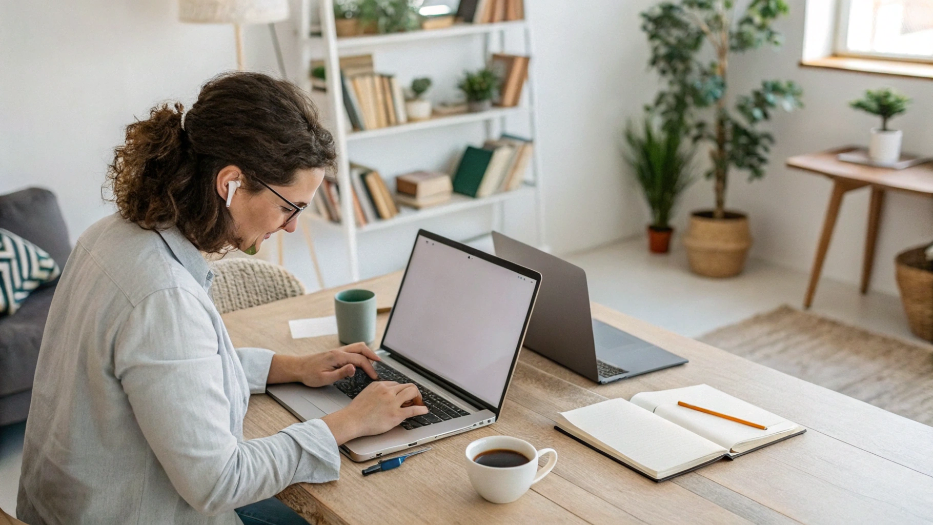 Фрилансер работает за столом с ноутбуком 2‑в‑1 в режиме ноутбука и планшета