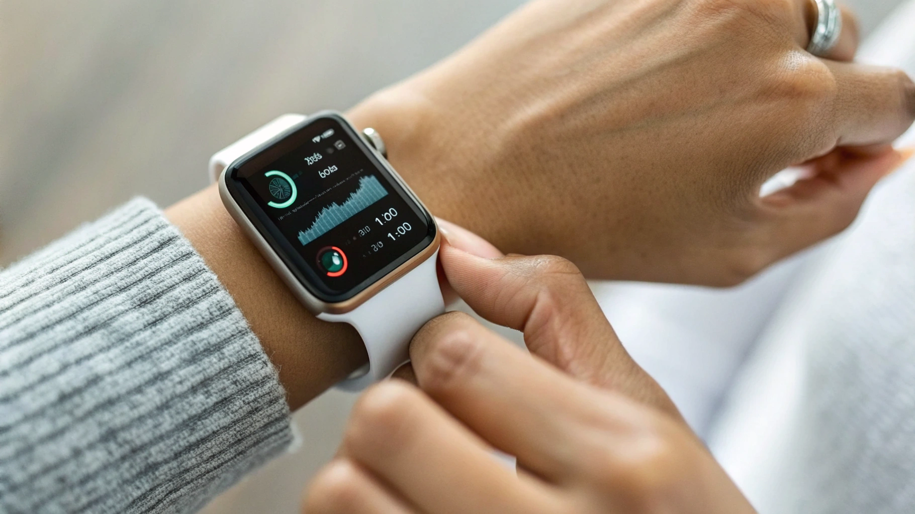 Пользователь смотрит статистику сна и шагов на экране смарт‑часов