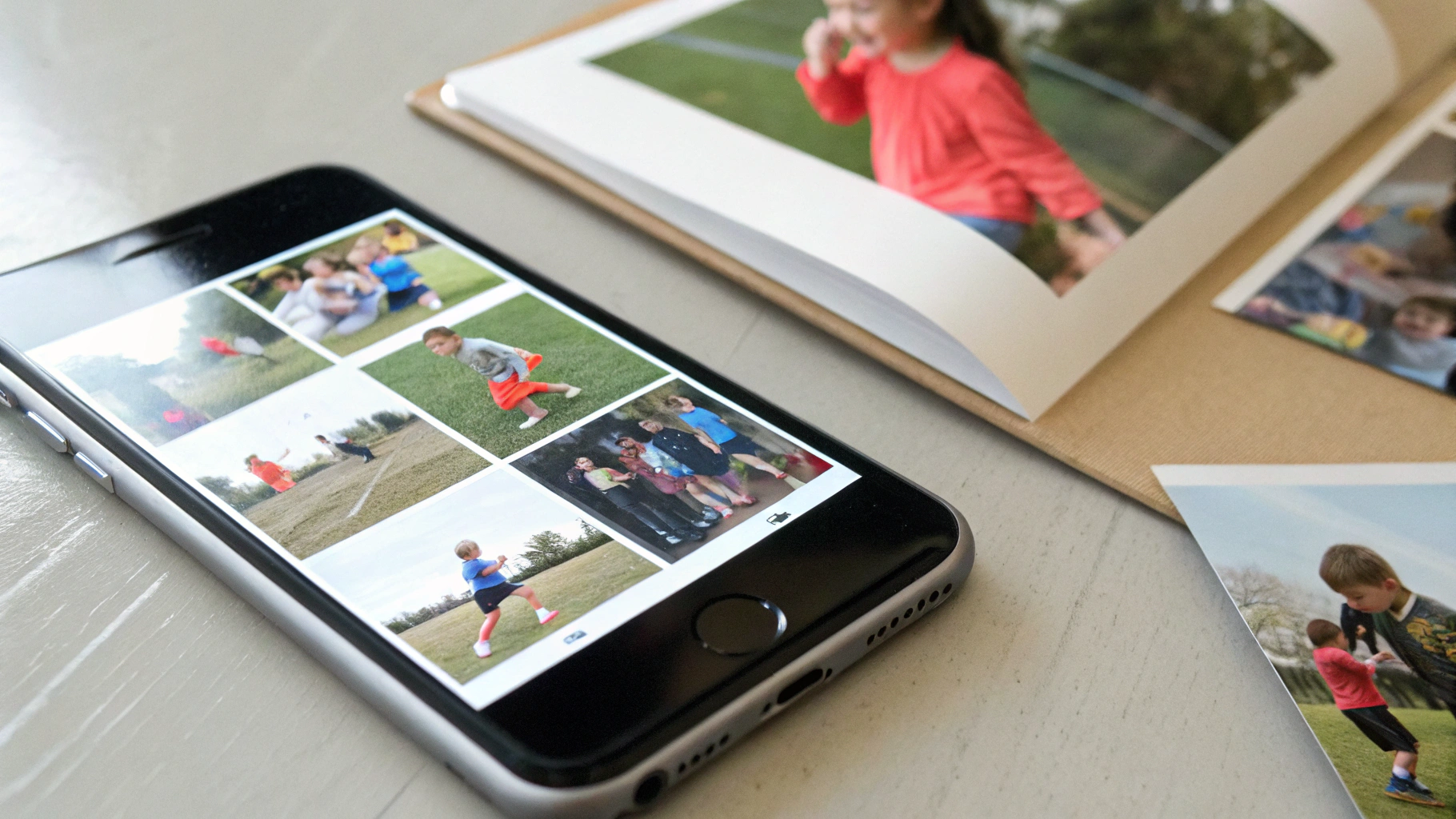 Смартфон на столе с фотоальбомами с занятий ребёнка