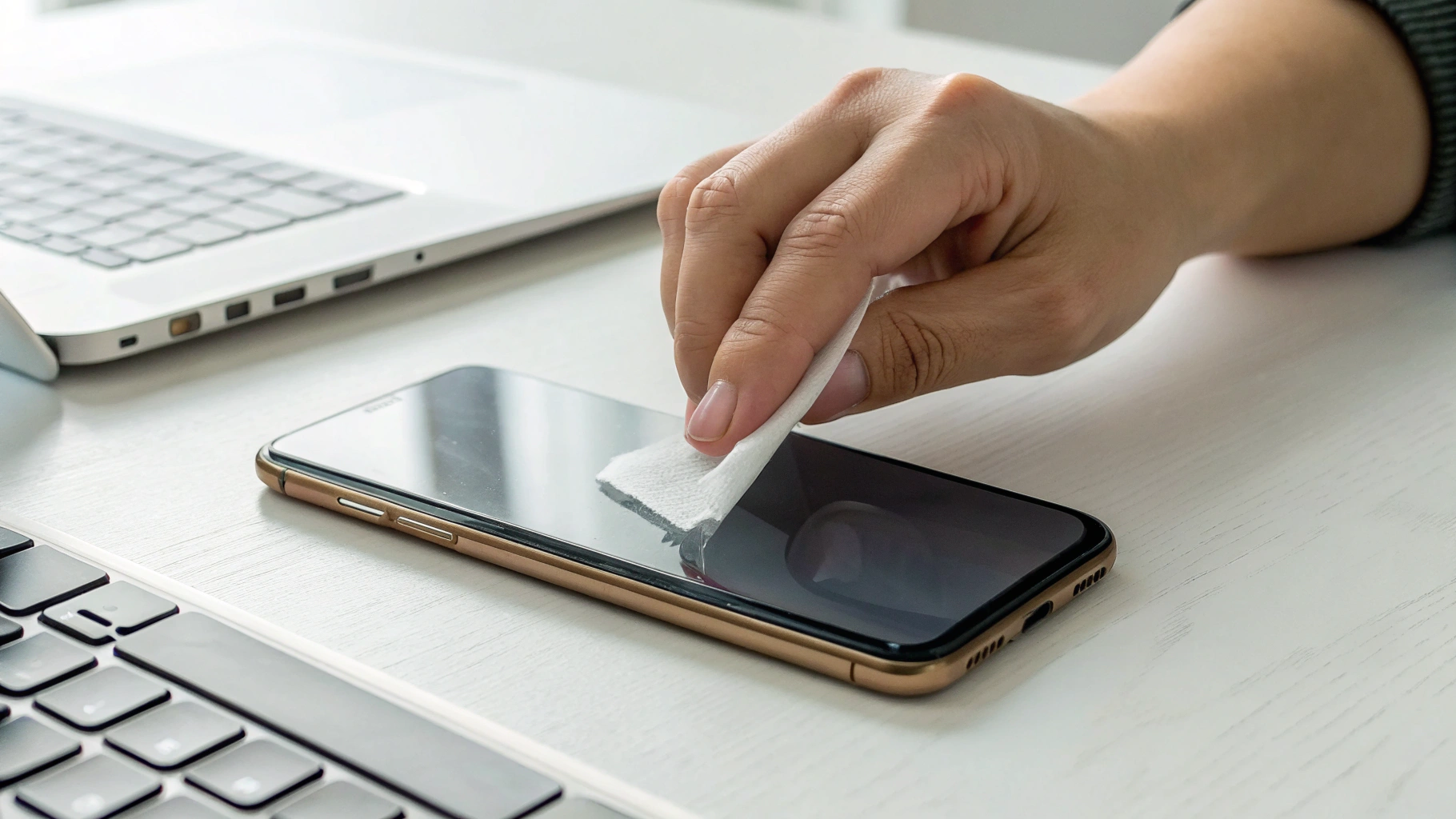 Наклейка защитного стекла на экран смартфона на столе