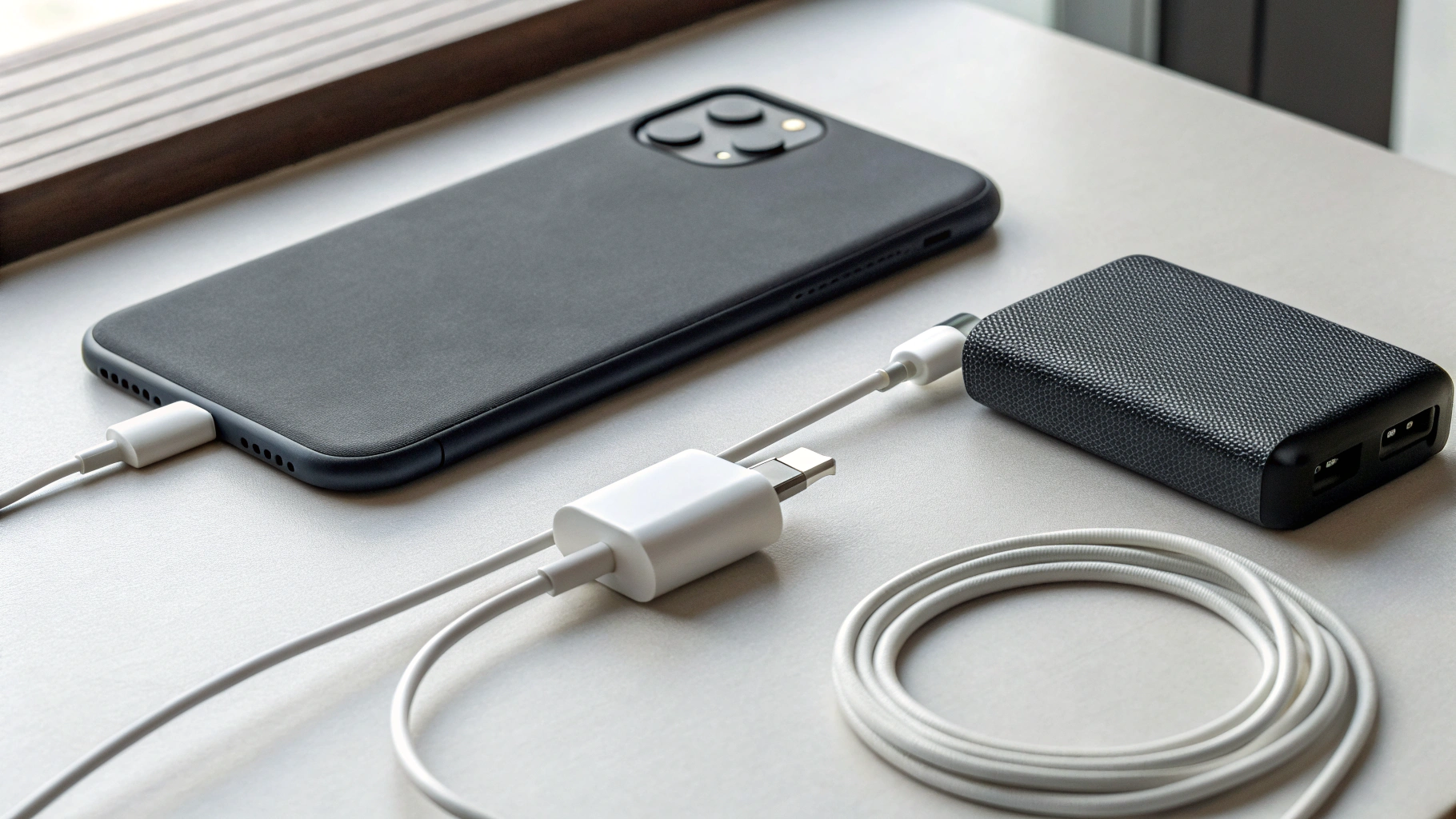 Зарядка USB-C, кабели, чехол и компактный пауэрбанк рядом со смартфоном на столе