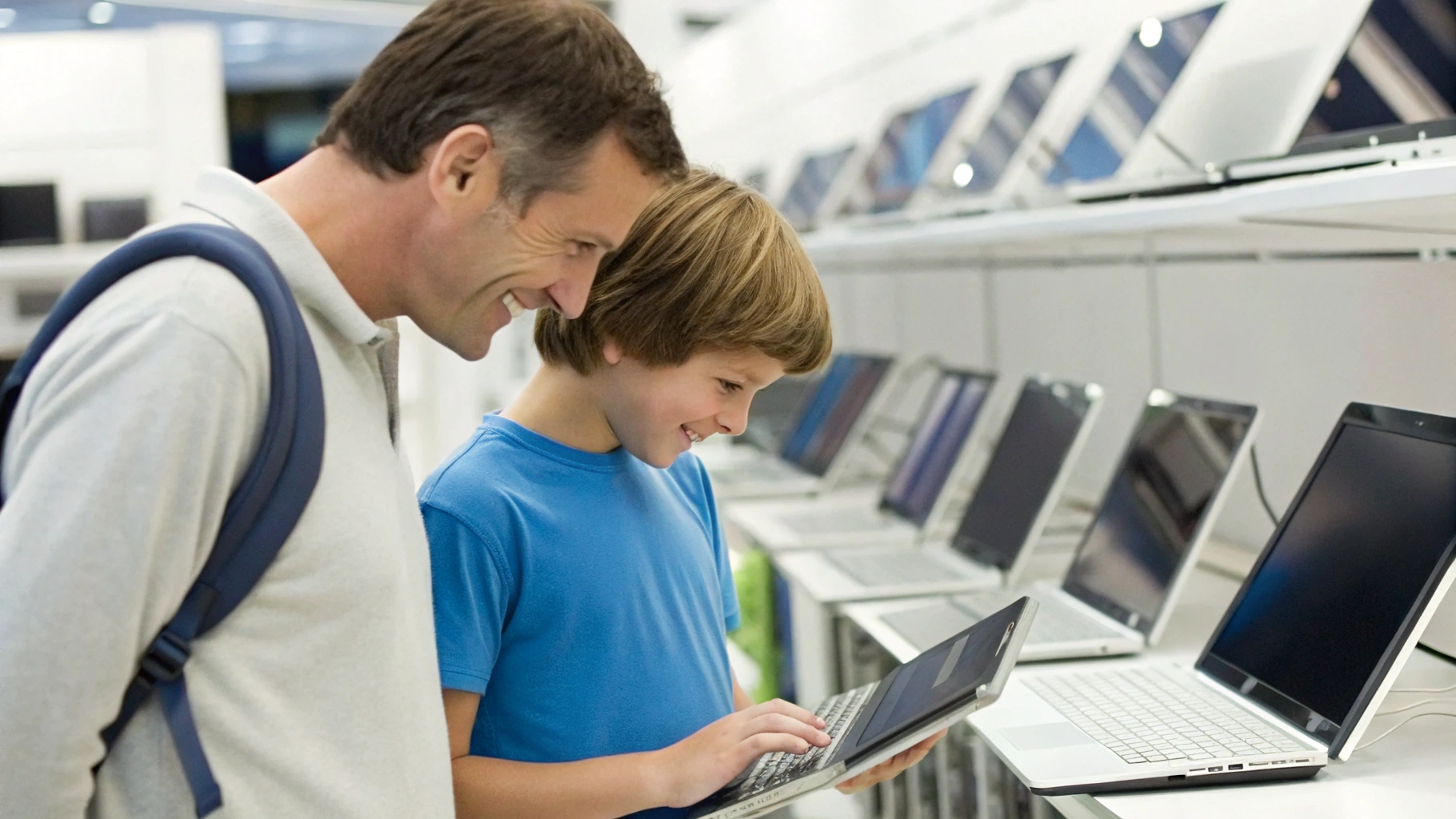 Родитель с подростком выбирают недорогой ноутбук в магазине, сравнивая экраны и клавиатуры