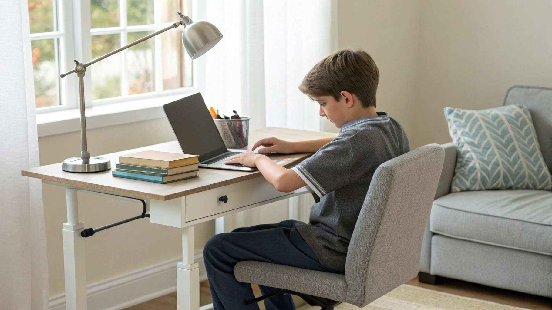 Рабочее место школьника с ноутбуком, подставкой и мышью для удобной учёбы дома