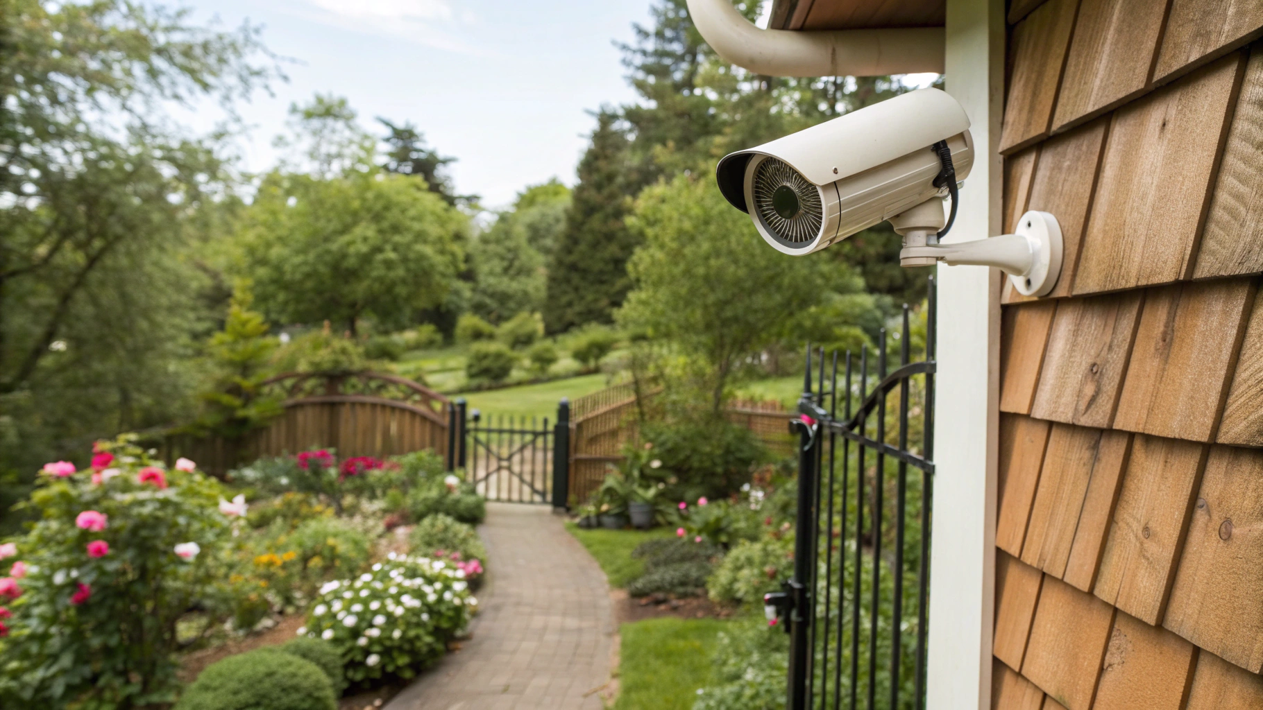 Уличная камера видеонаблюдения на стене дачного дома