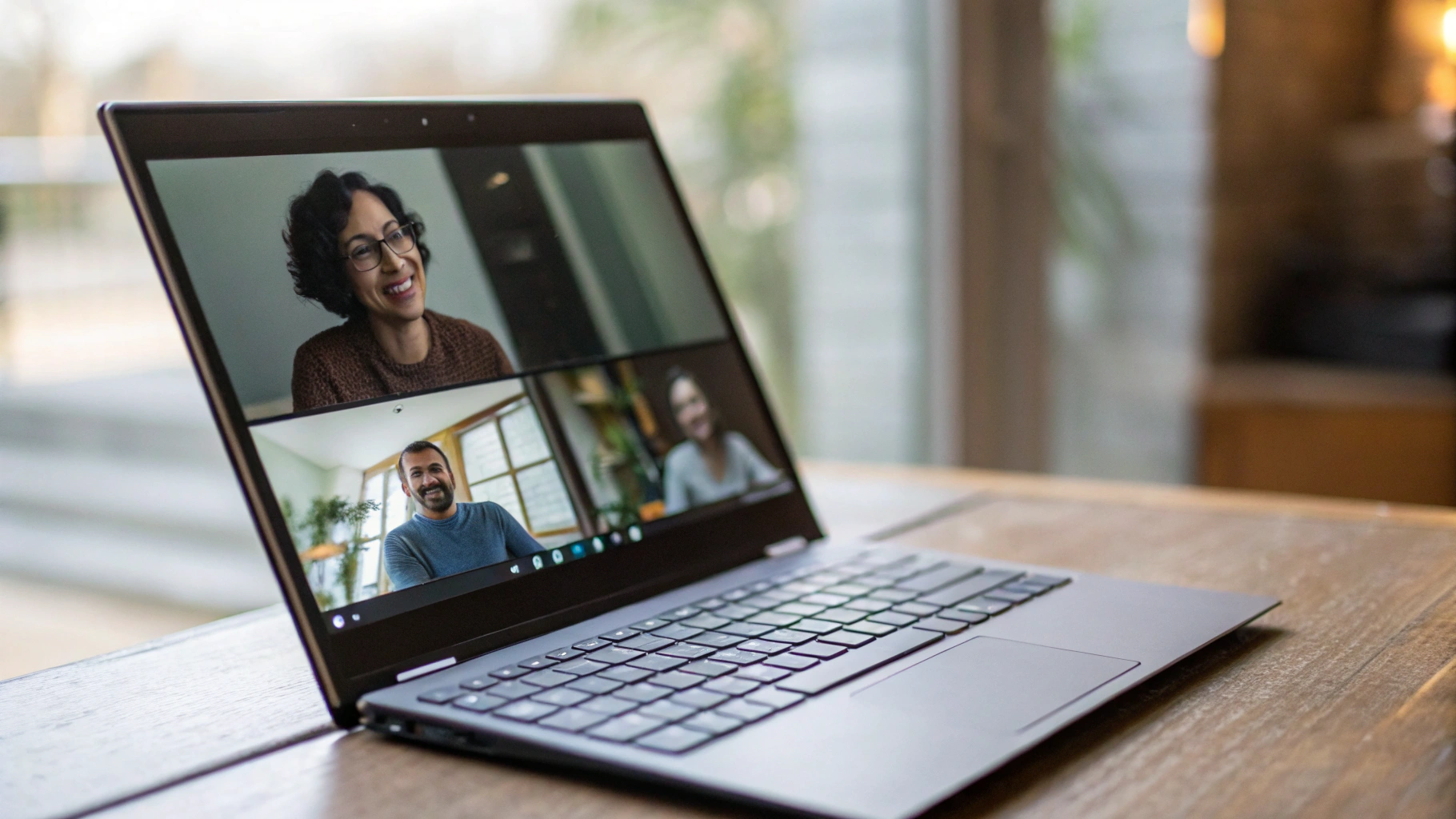 Windows-ноутбук с видеозвонком и элементами управления ИИ-функциями на экране