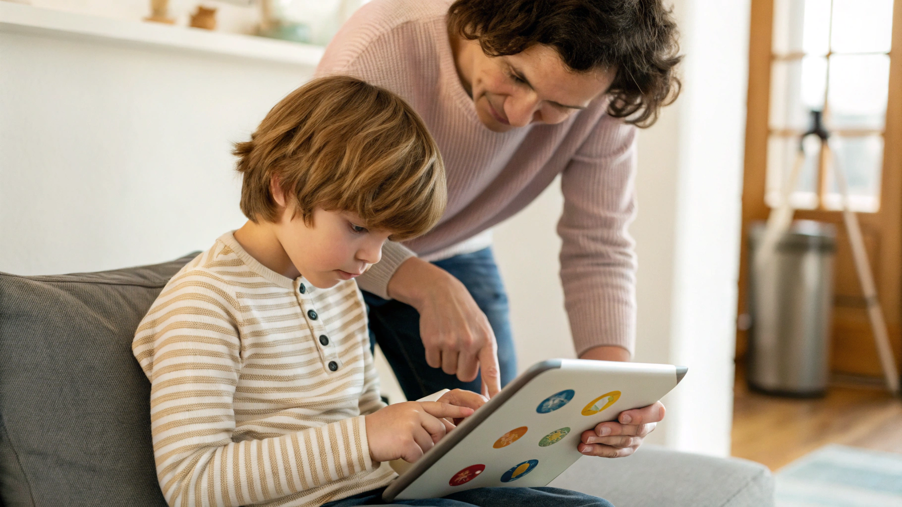 Ребёнок пользуется планшетом в детском режиме, родитель настраивает профиль и ограничения