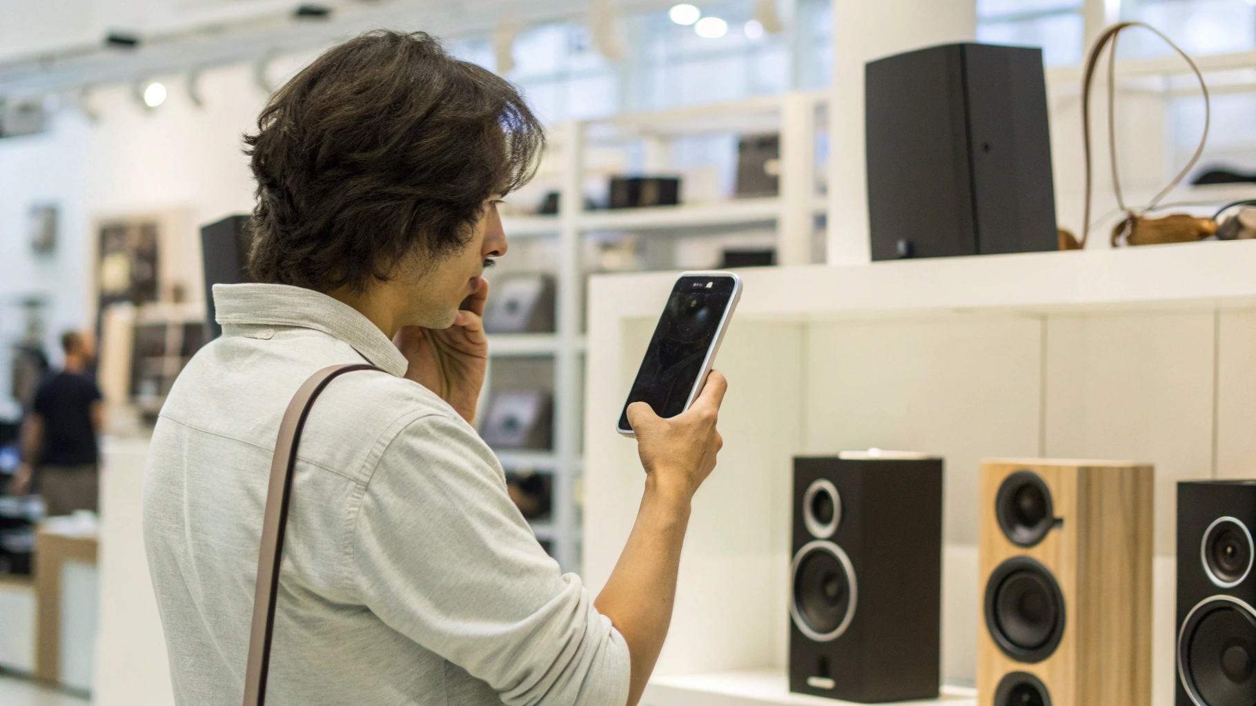 Покупатель в магазине проверяет стереозвук смартфона в горизонтальном режиме