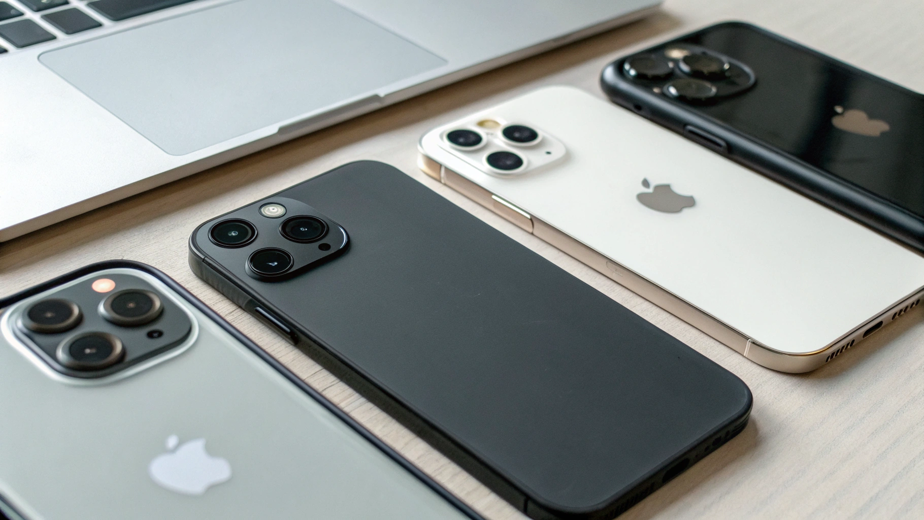 Смартфоны разных классов 2027 года на столе с акцентом на стереодинамики