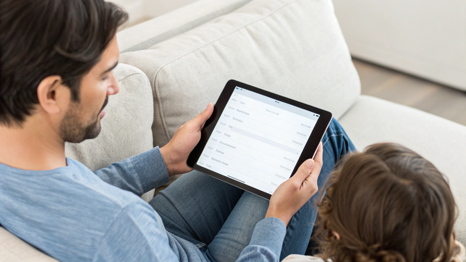 Родитель настраивает родительский контроль и лимиты времени на семейном планшете